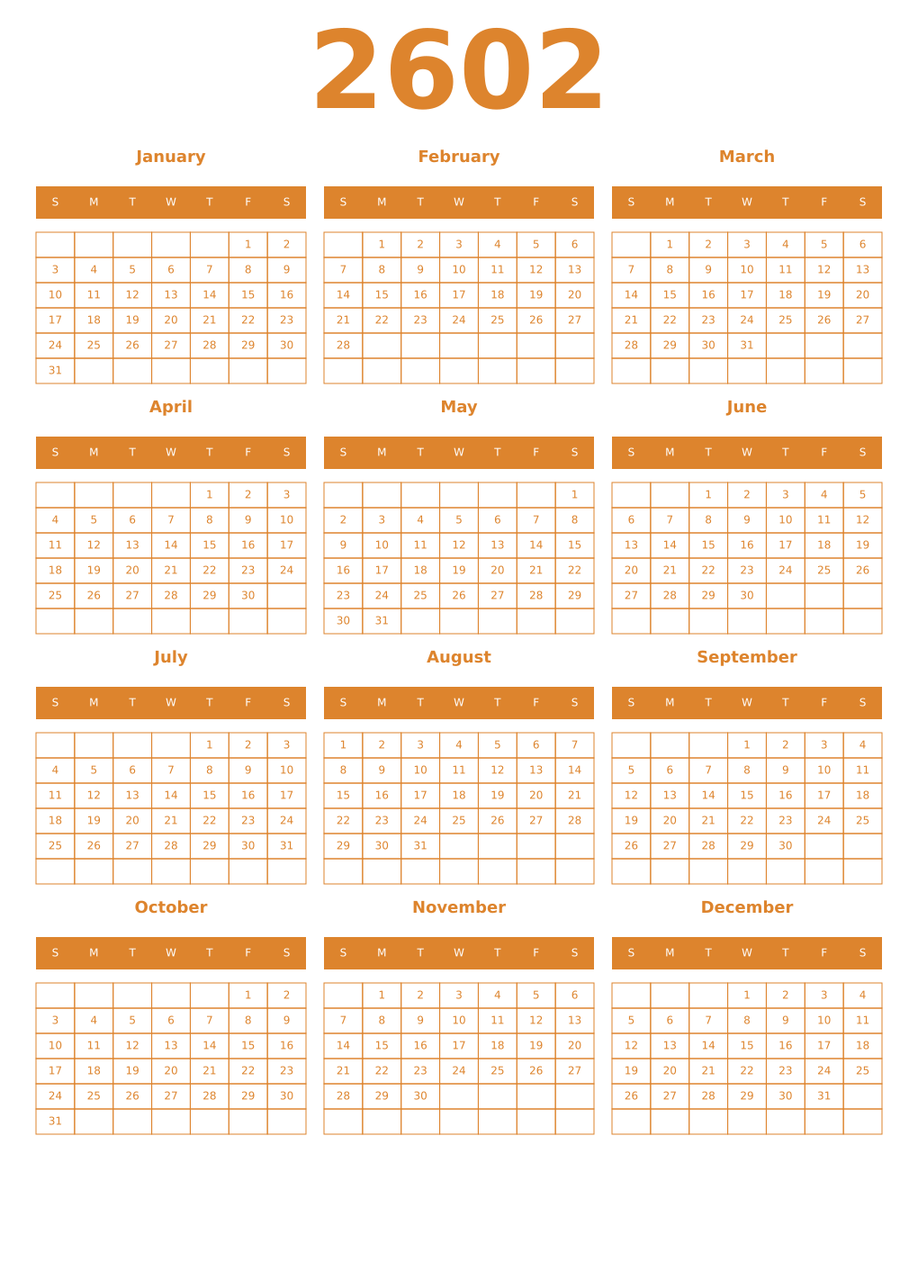 Printable 2602 Year Calendars orange