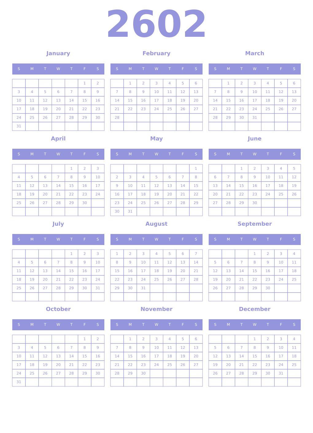 Printable 2602 Year Calendars periwinkle