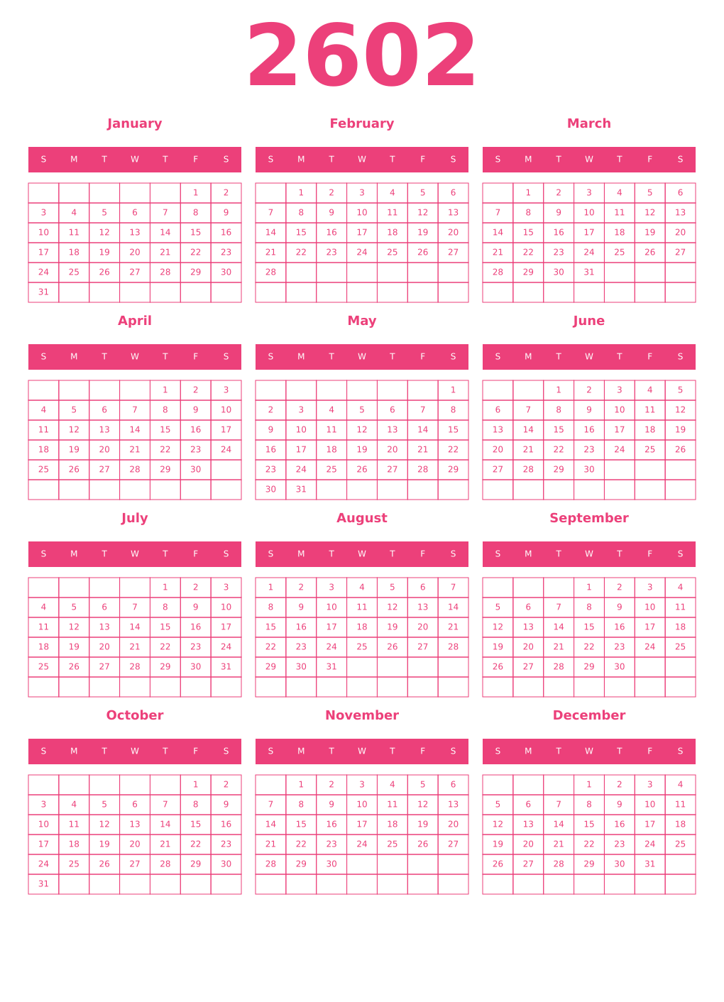 Printable 2602 Year Calendars pink