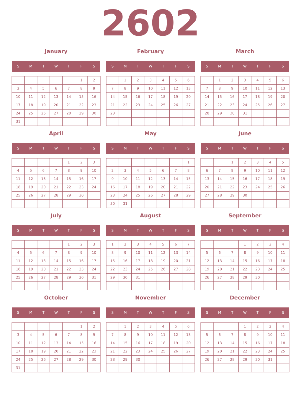 Printable 2602 Year Calendars puce