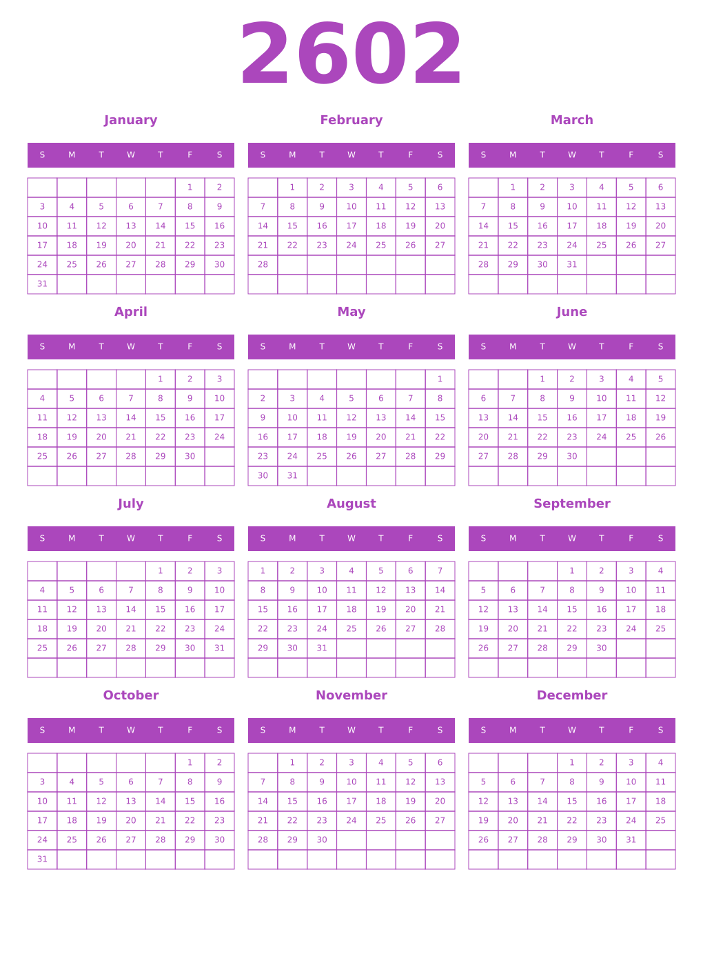 Printable 2602 Year Calendars purple