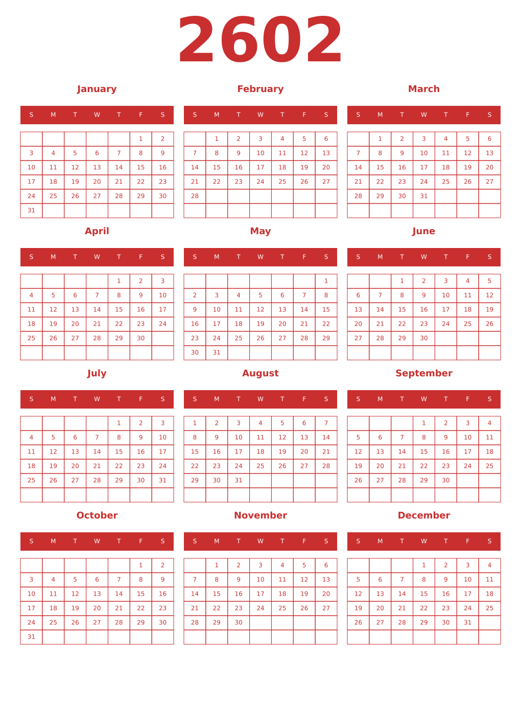 Printable 2602 Year Calendars red