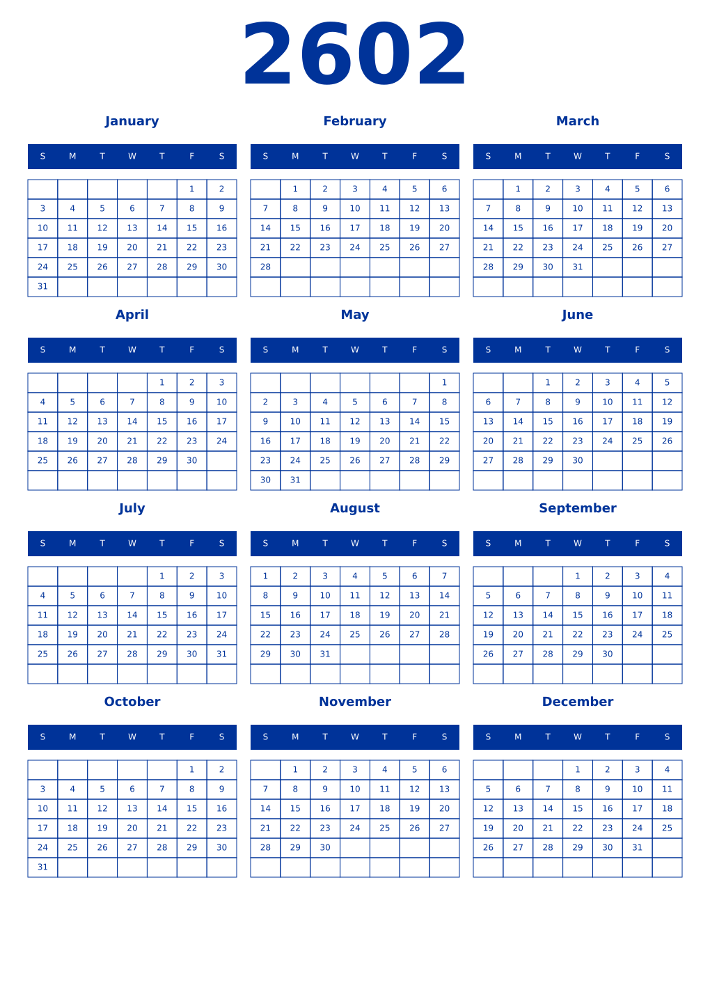 Printable 2602 Year Calendars smalt