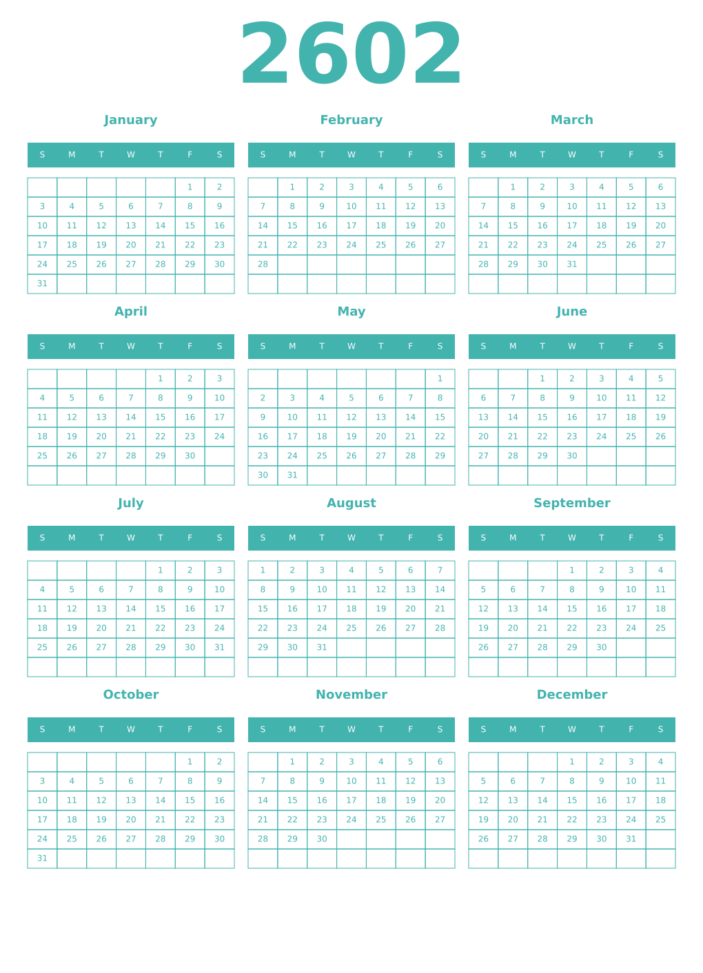 Printable 2602 Year Calendars verdigris
