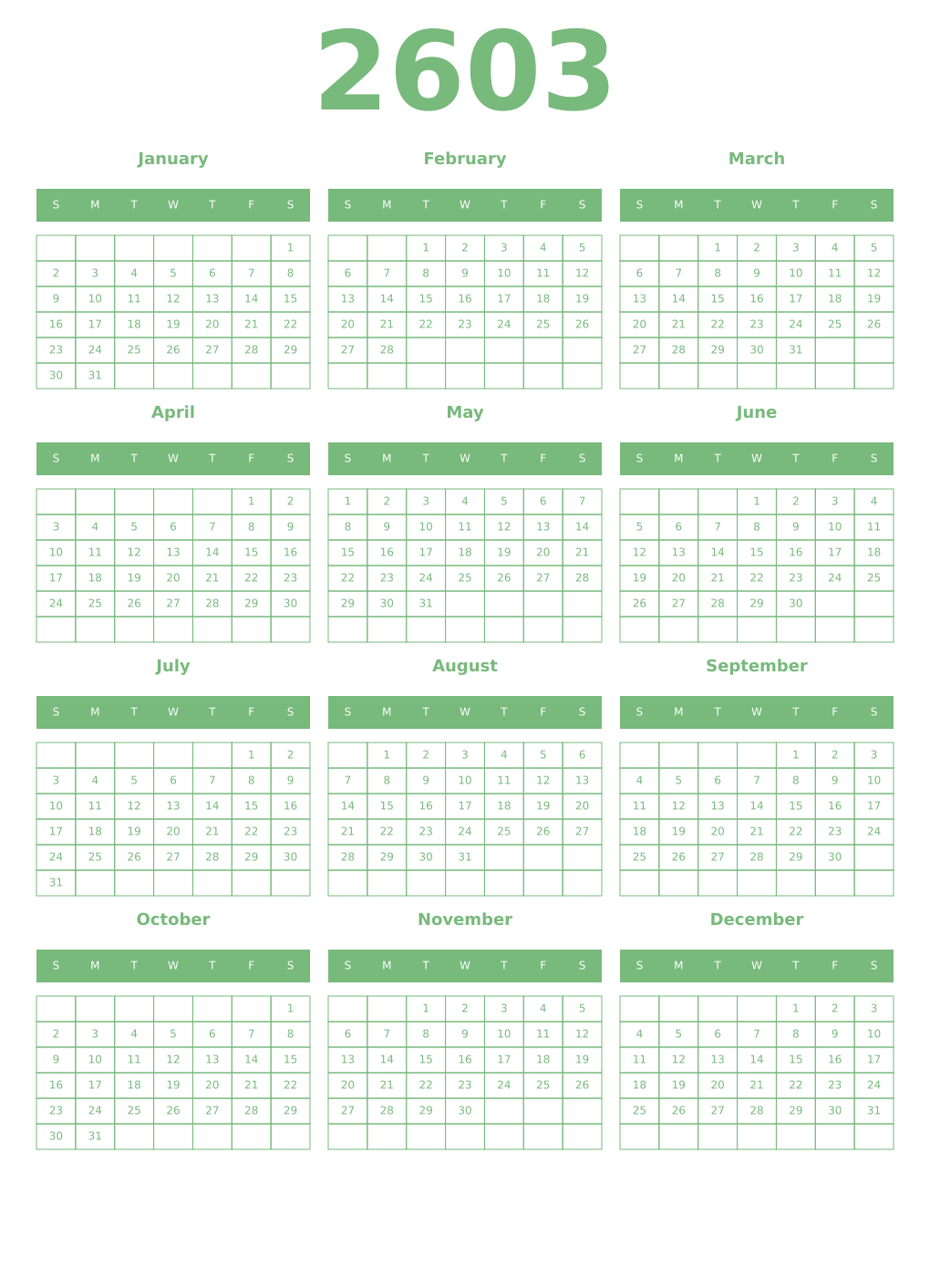 Printable 2603 Year Calendars celadon