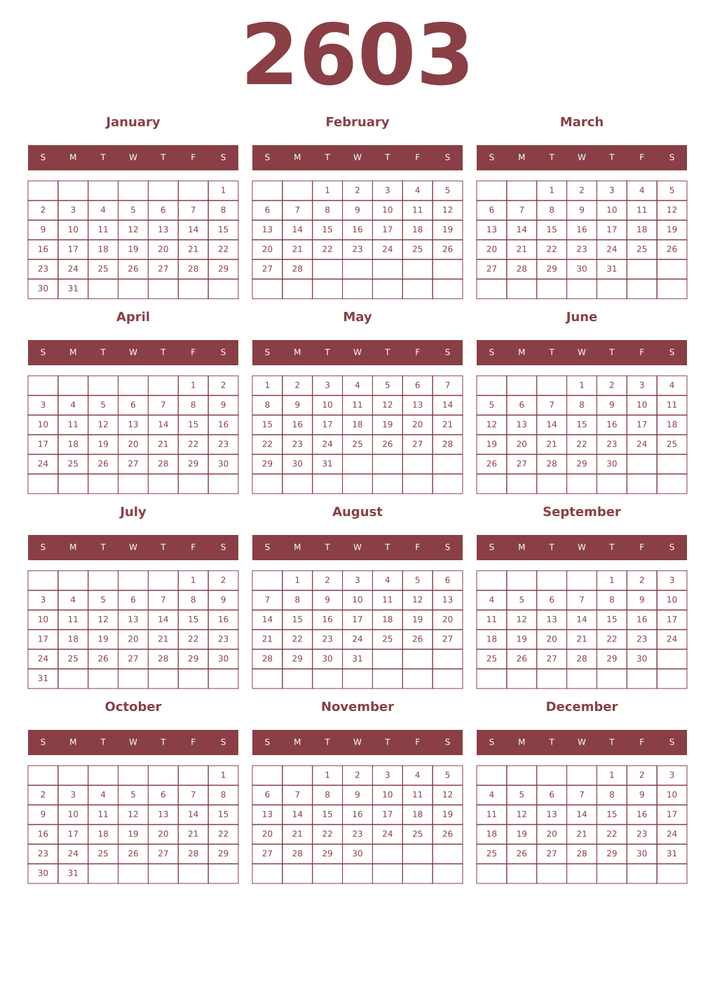 Printable 2603 Year Calendars cordovan