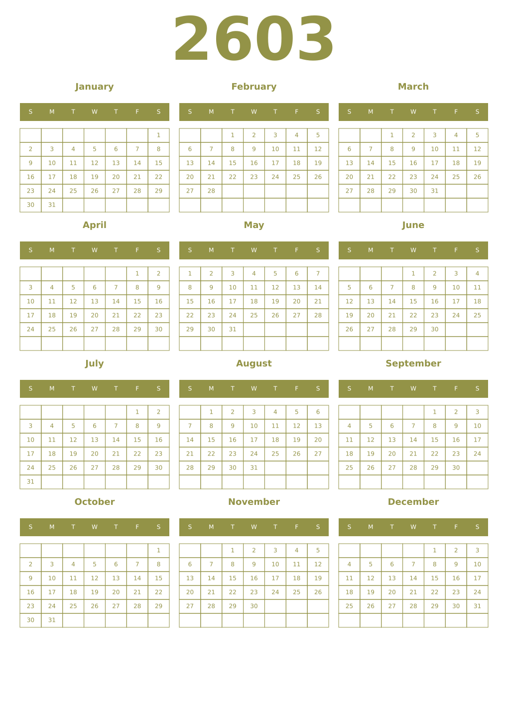 Printable 2603 Year Calendars eburnean