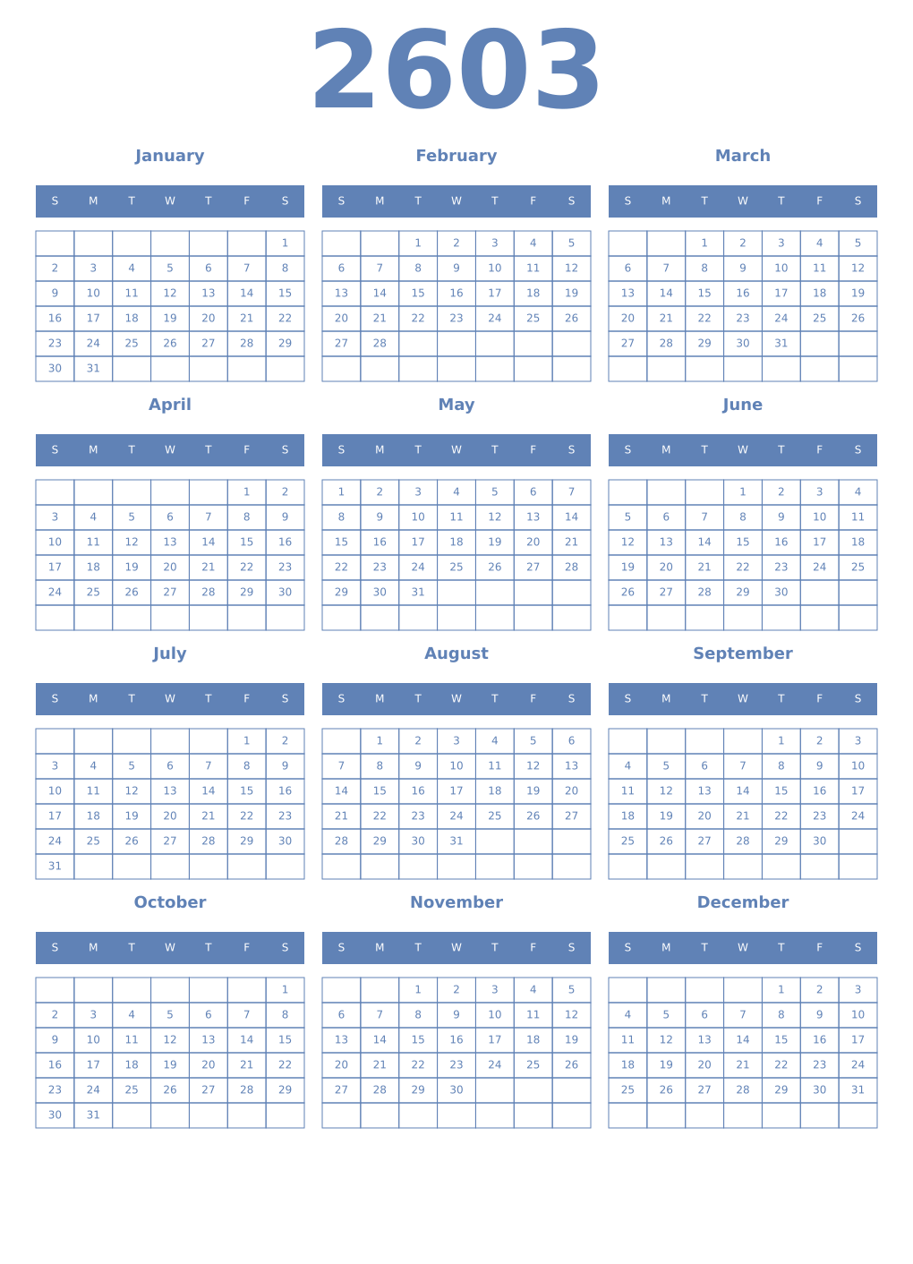 Printable 2603 Year Calendars glaucous