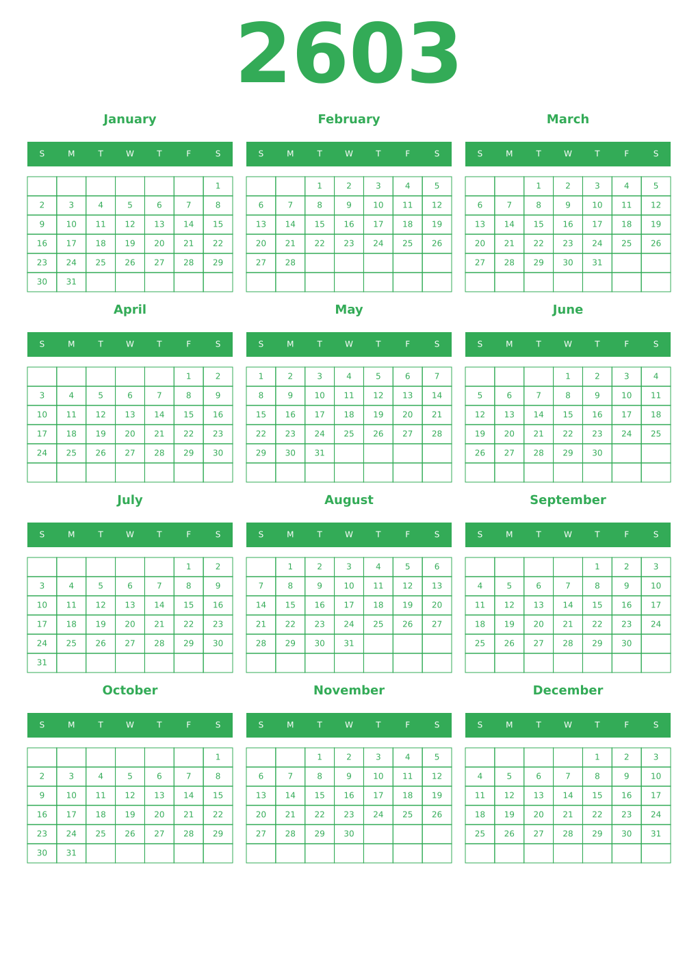 Printable 2603 Year Calendars green