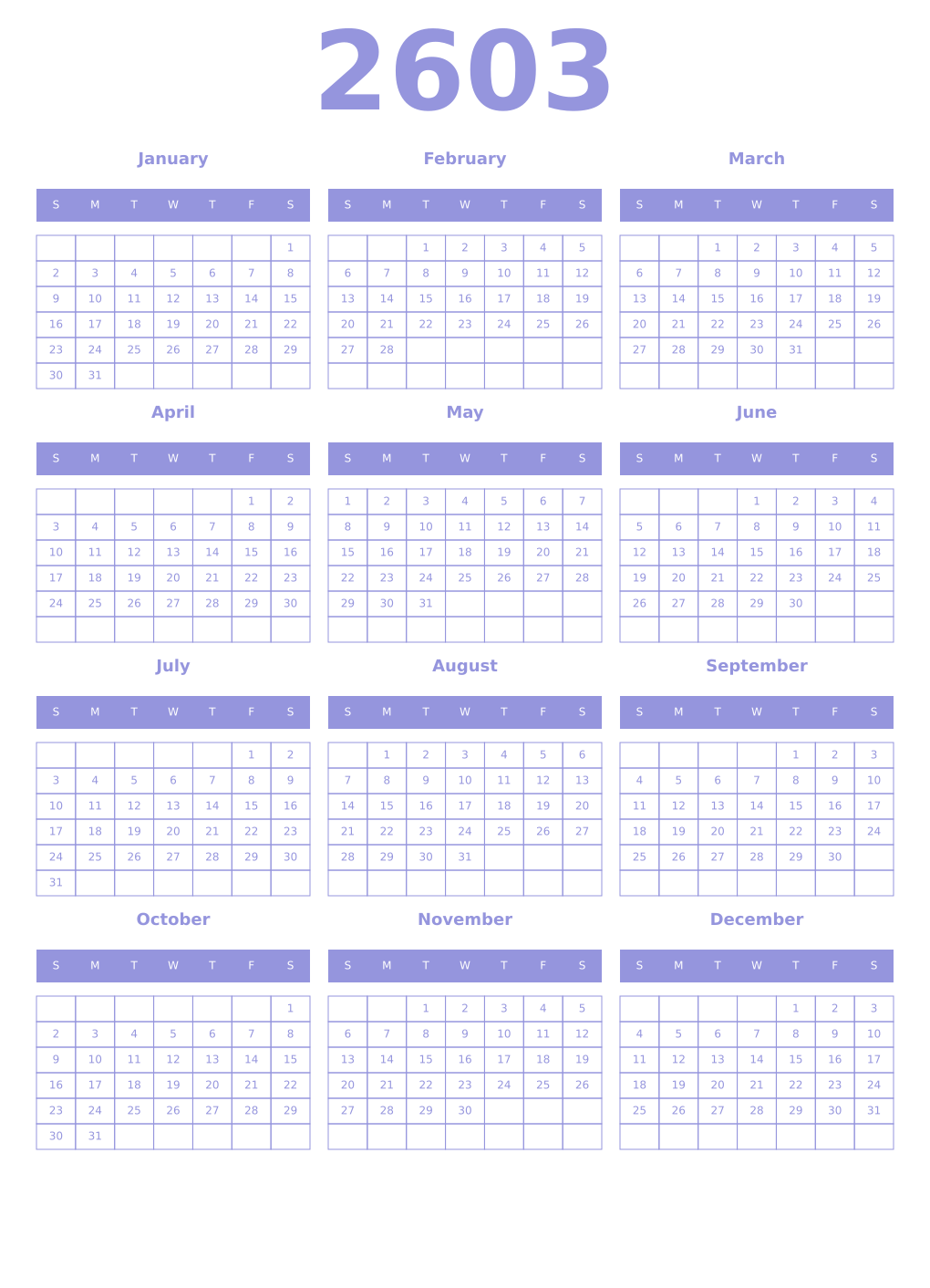 Printable 2603 Year Calendars periwinkle