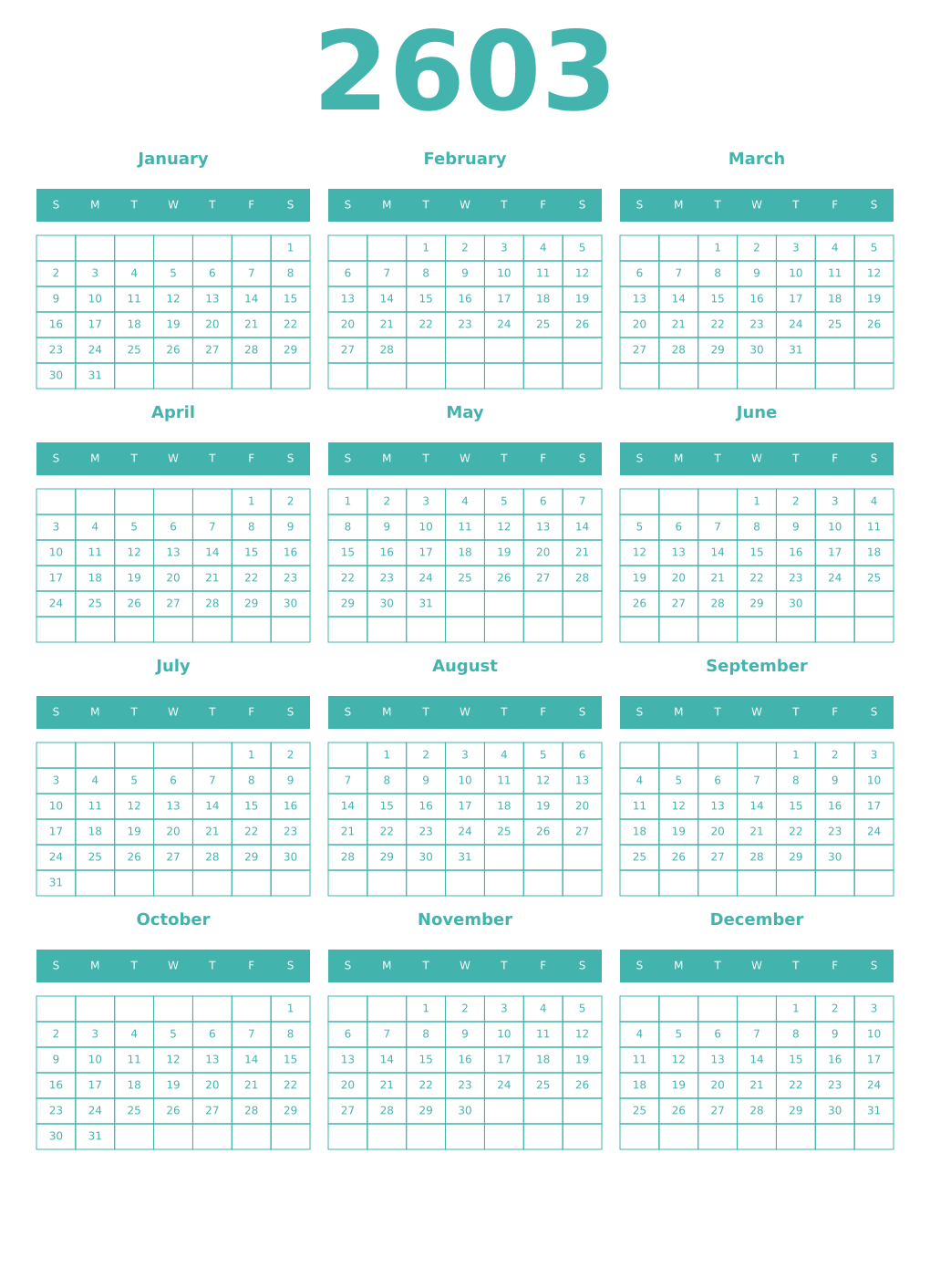 Printable 2603 Year Calendars verdigris