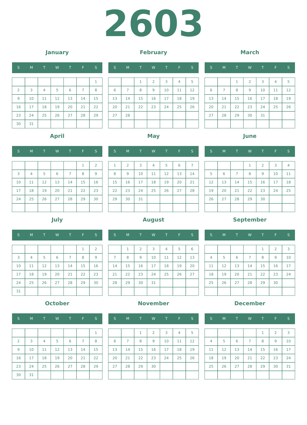 Printable 2603 Year Calendars viridian