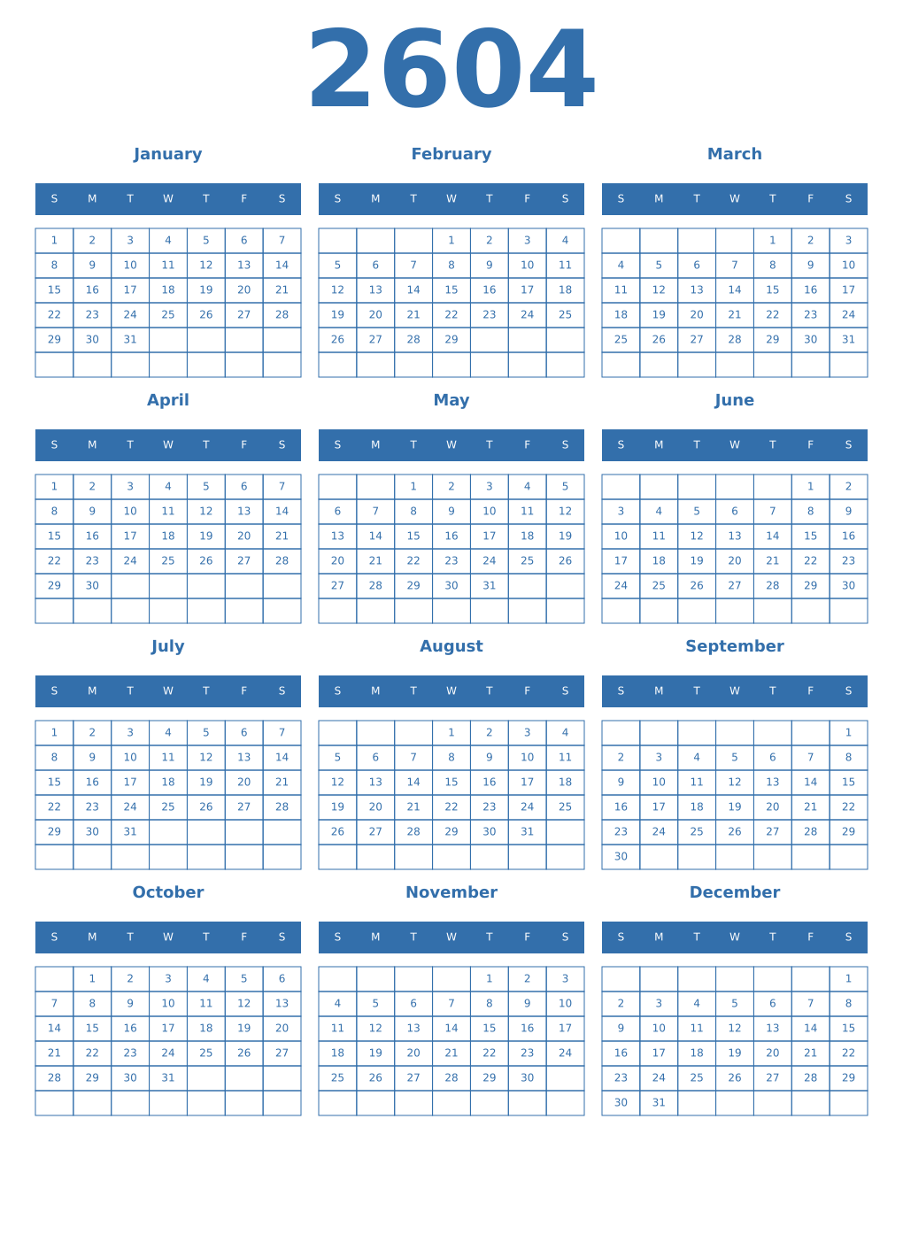 Printable 2604 Year Calendars blue