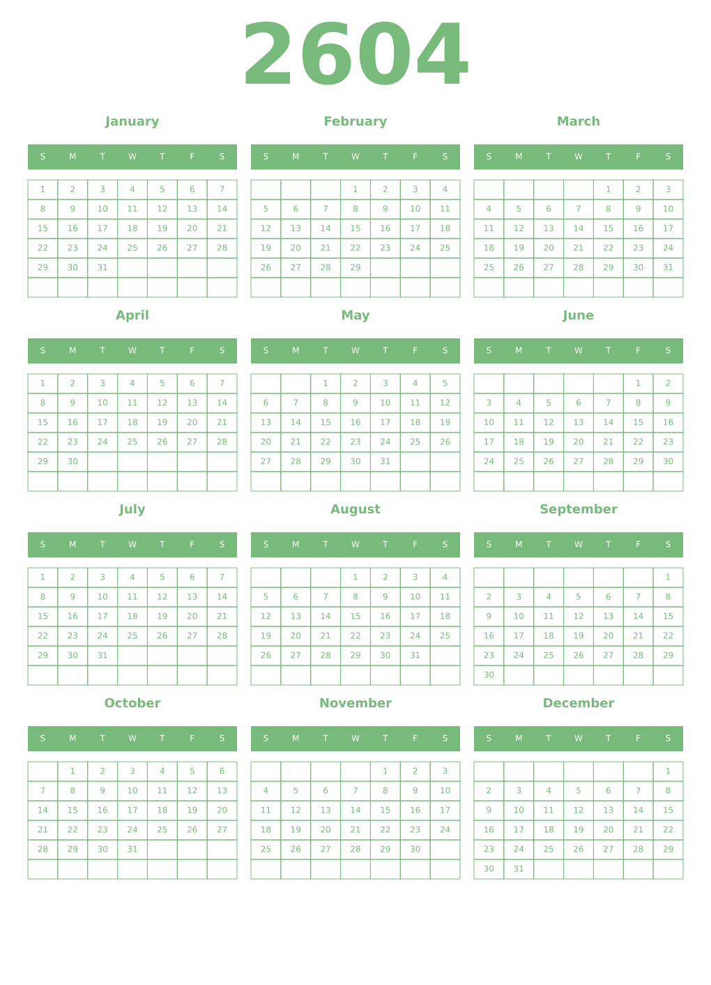 Printable 2604 Year Calendars celadon
