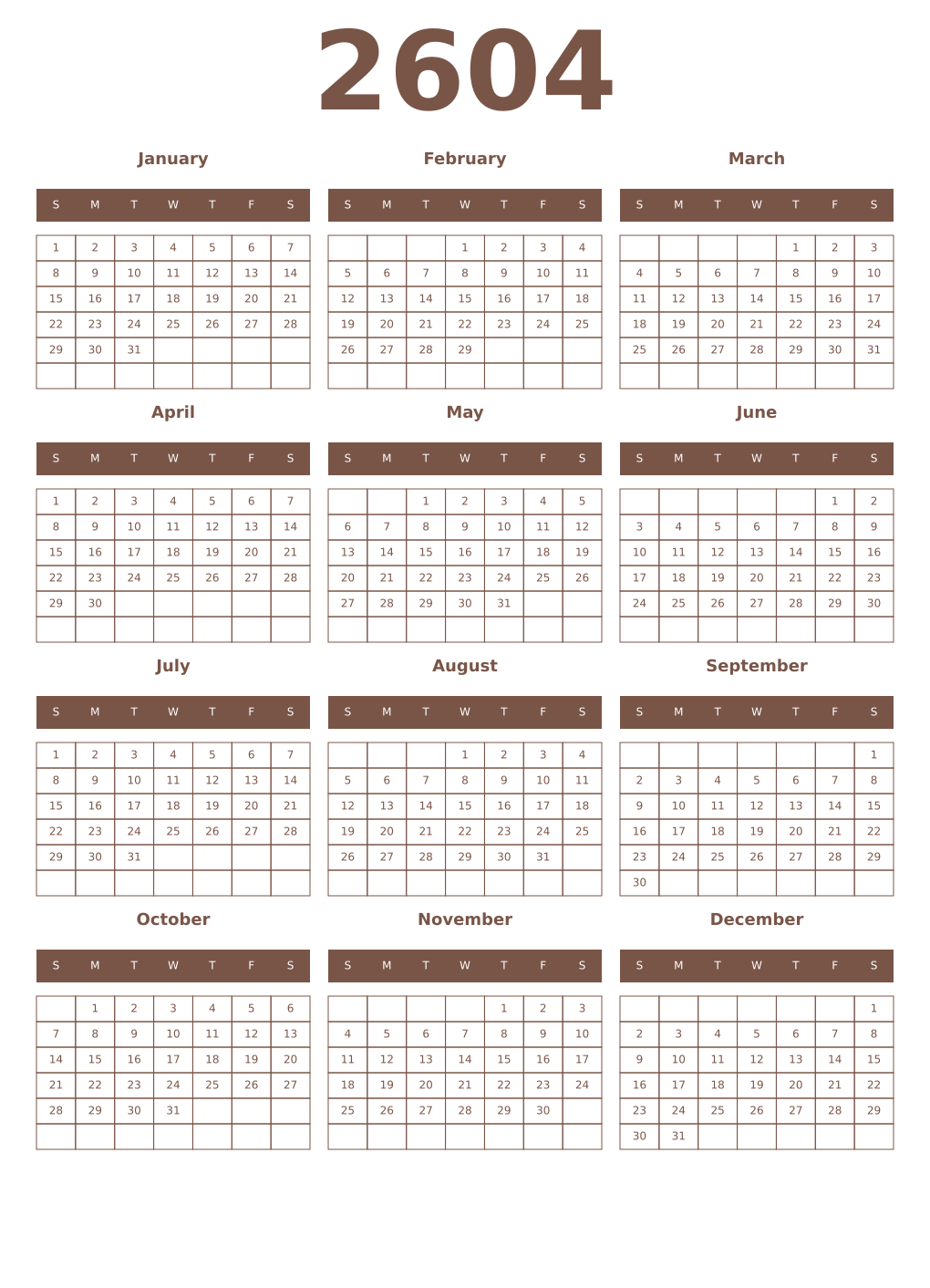 Printable 2604 Year Calendars coffe
