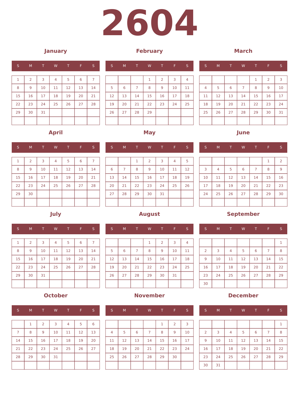 Printable 2604 Year Calendars cordovan