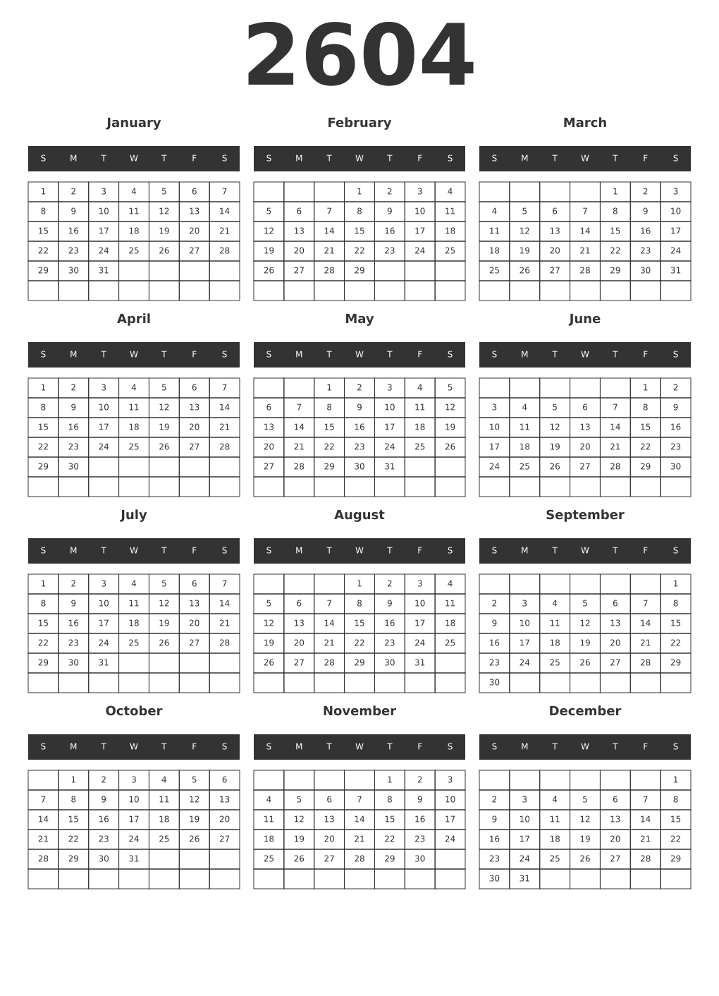 Printable 2604 Year Calendars dark
