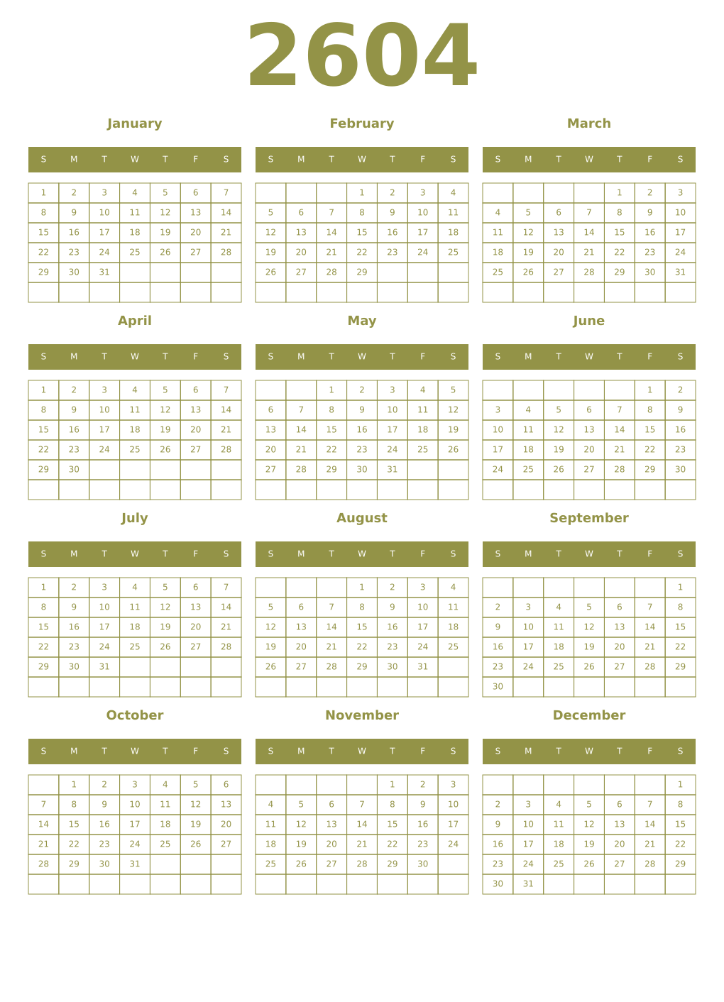 Printable 2604 Year Calendars eburnean