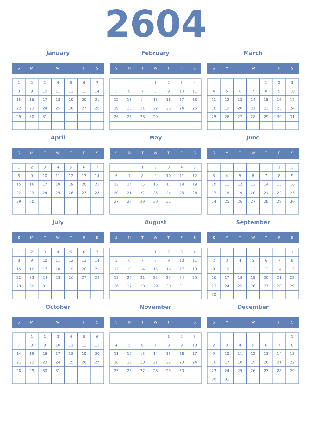 Printable 2604 Year Calendars glaucous