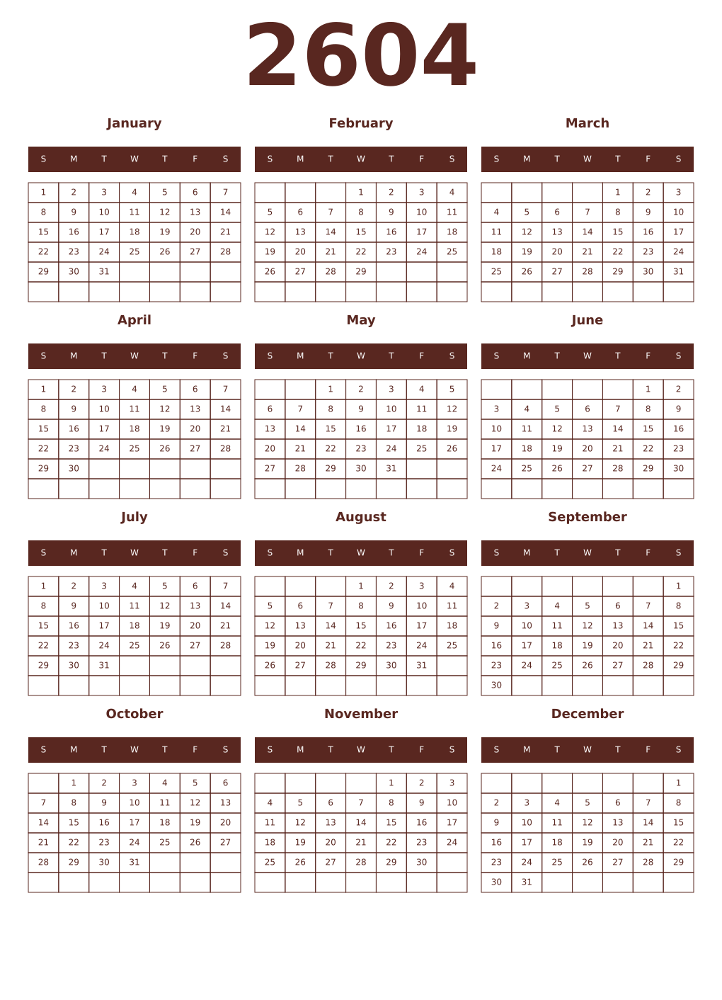 Printable 2604 Year Calendars mortuum