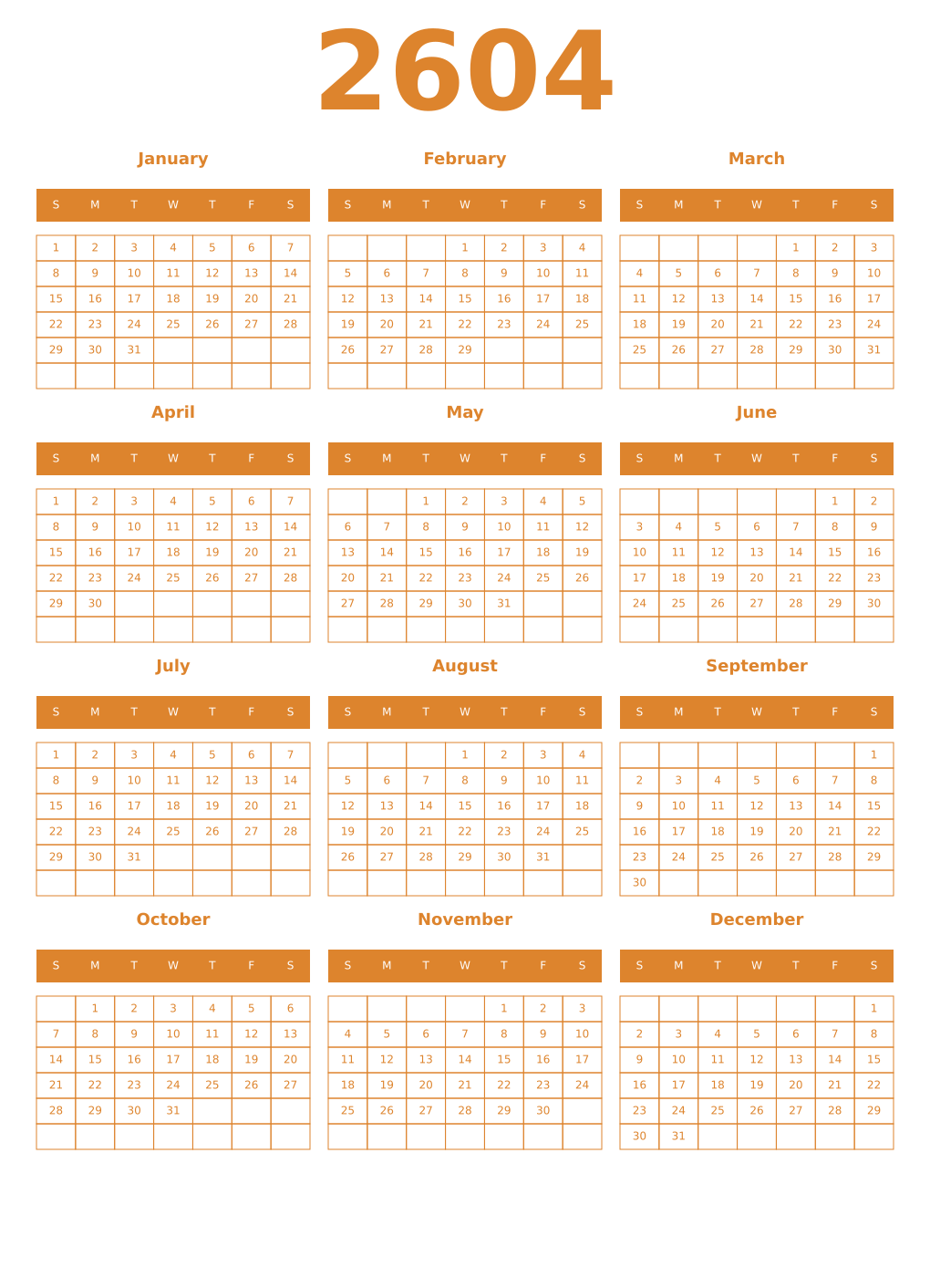 Printable 2604 Year Calendars orange