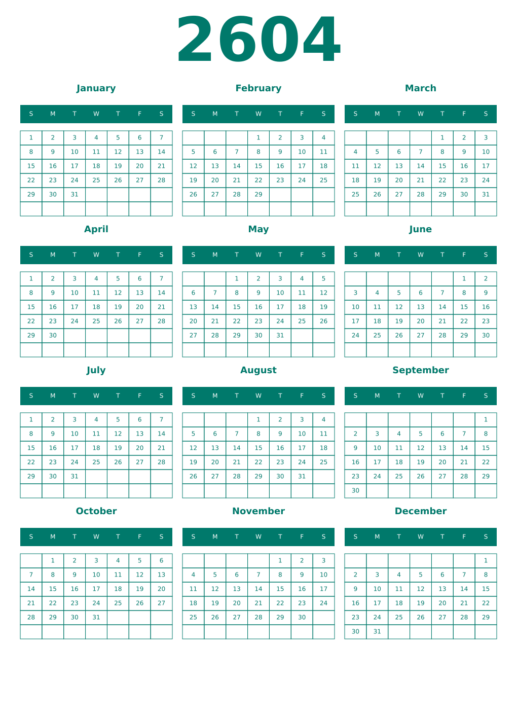 Printable 2604 Year Calendars pastel