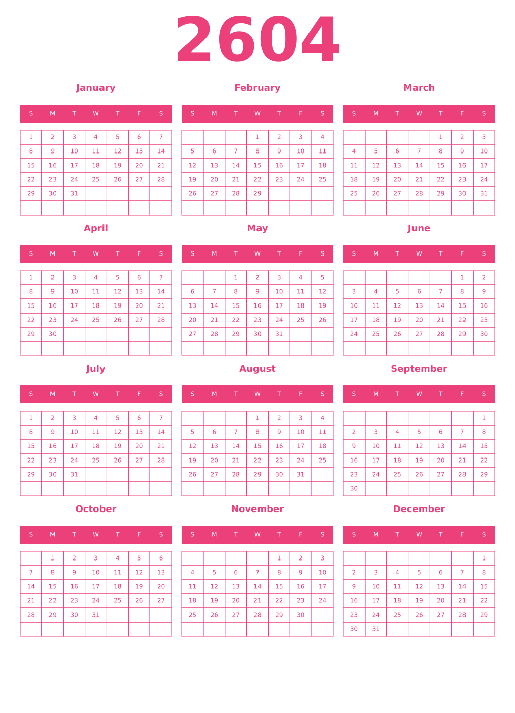 Printable 2604 Year Calendars pink