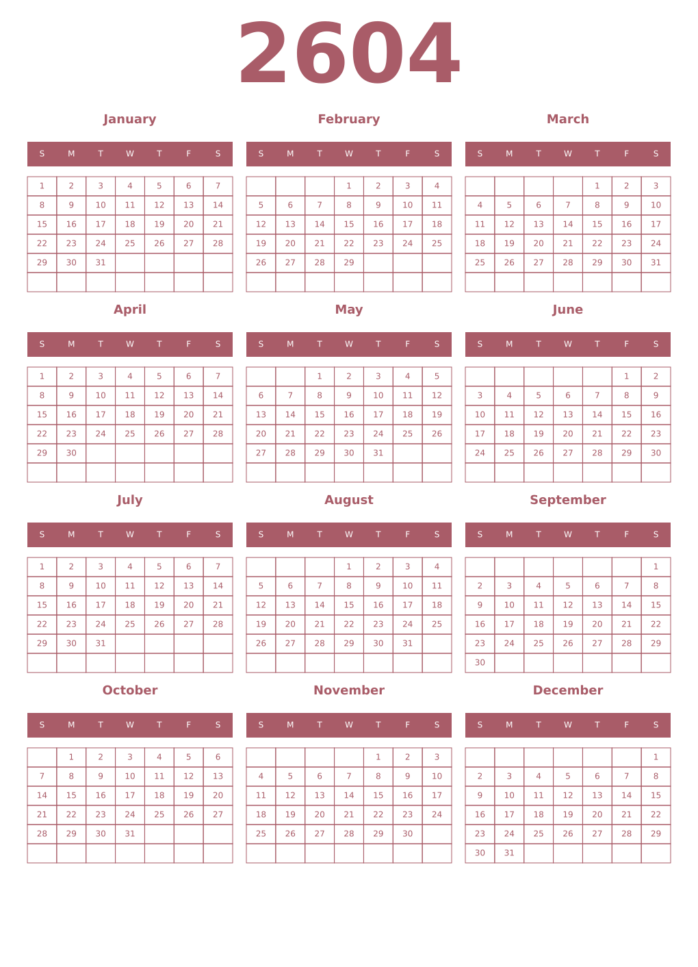 Printable 2604 Year Calendars puce