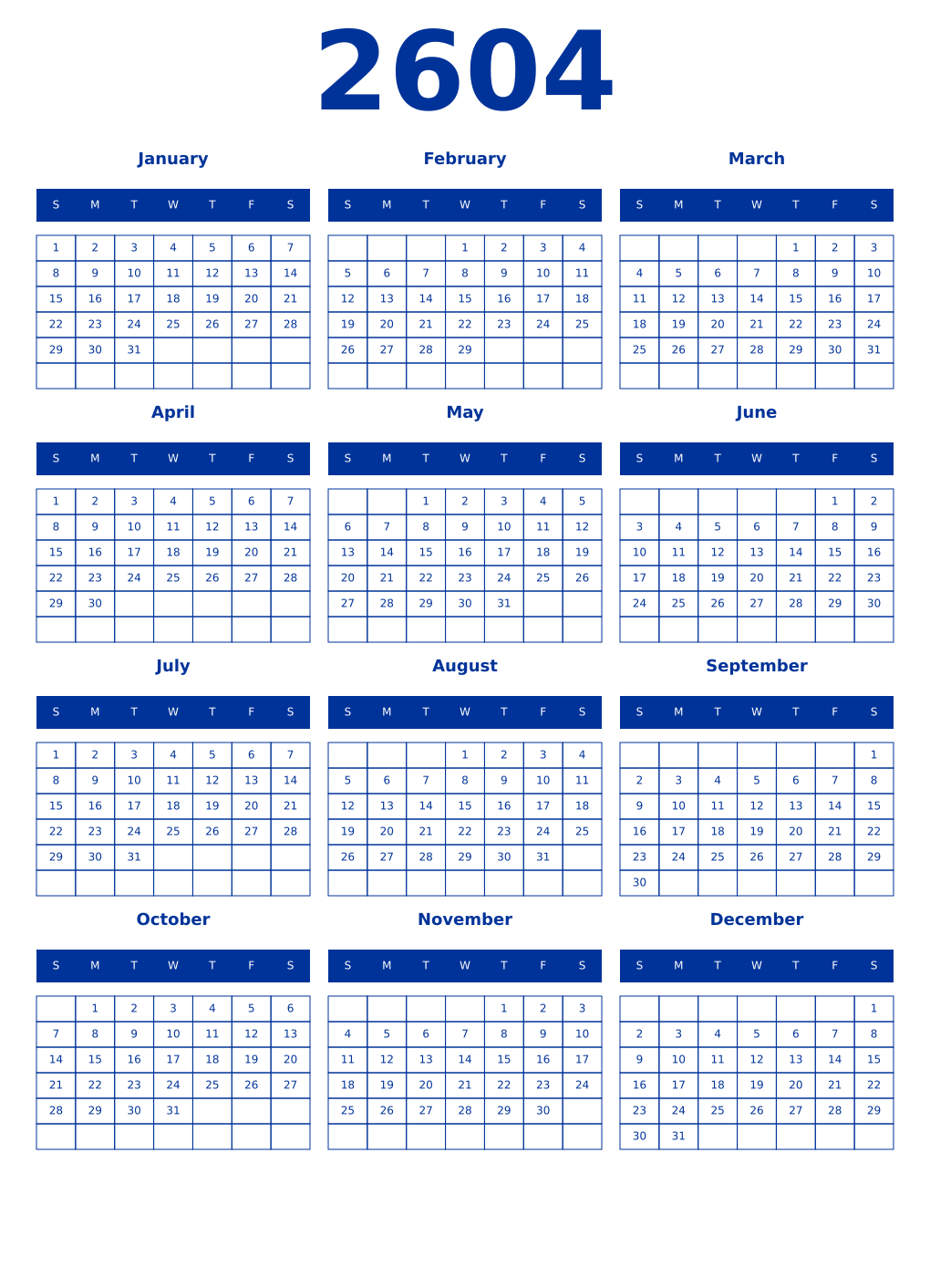 Printable 2604 Year Calendars smalt