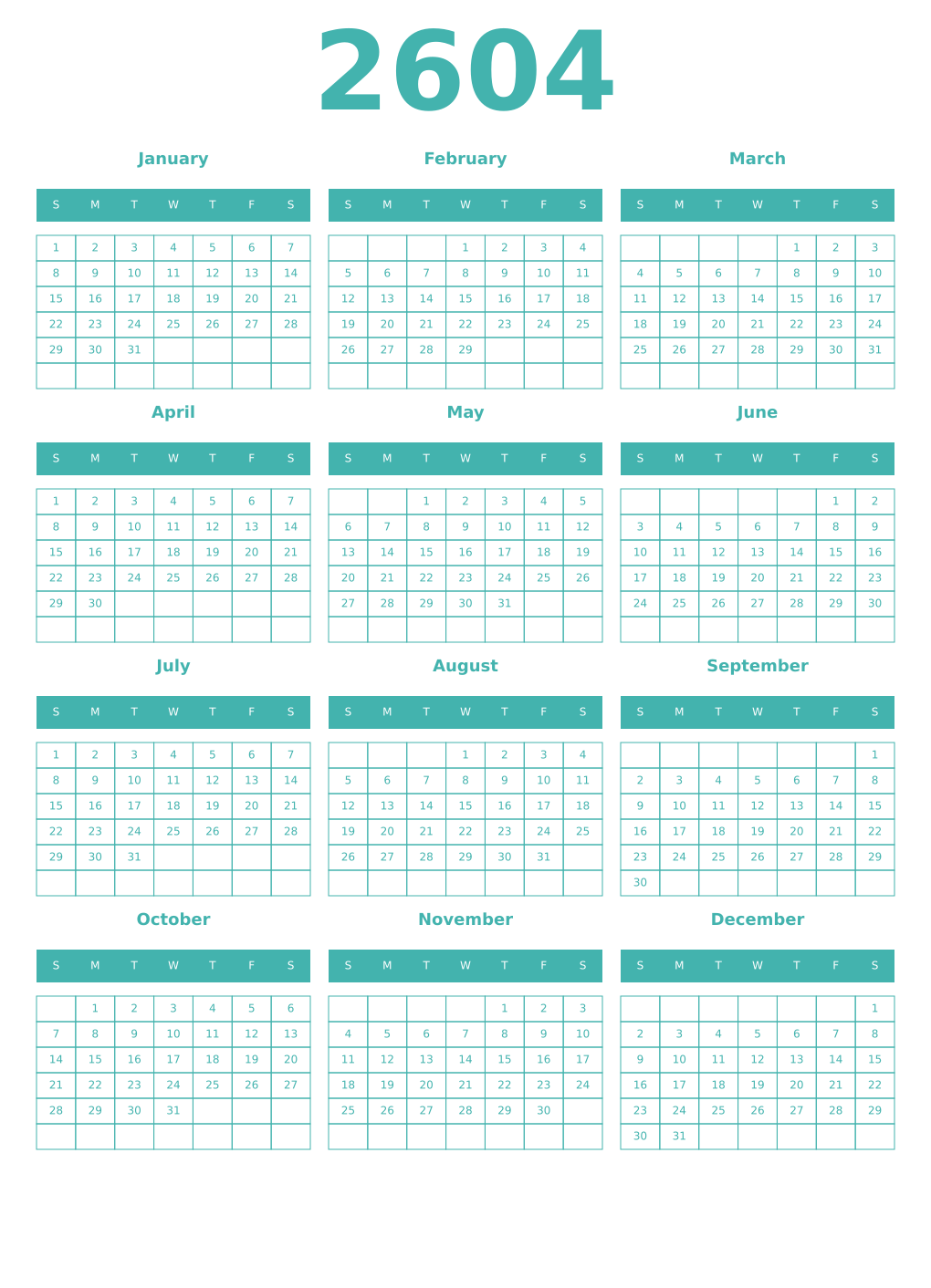 Printable 2604 Year Calendars verdigris