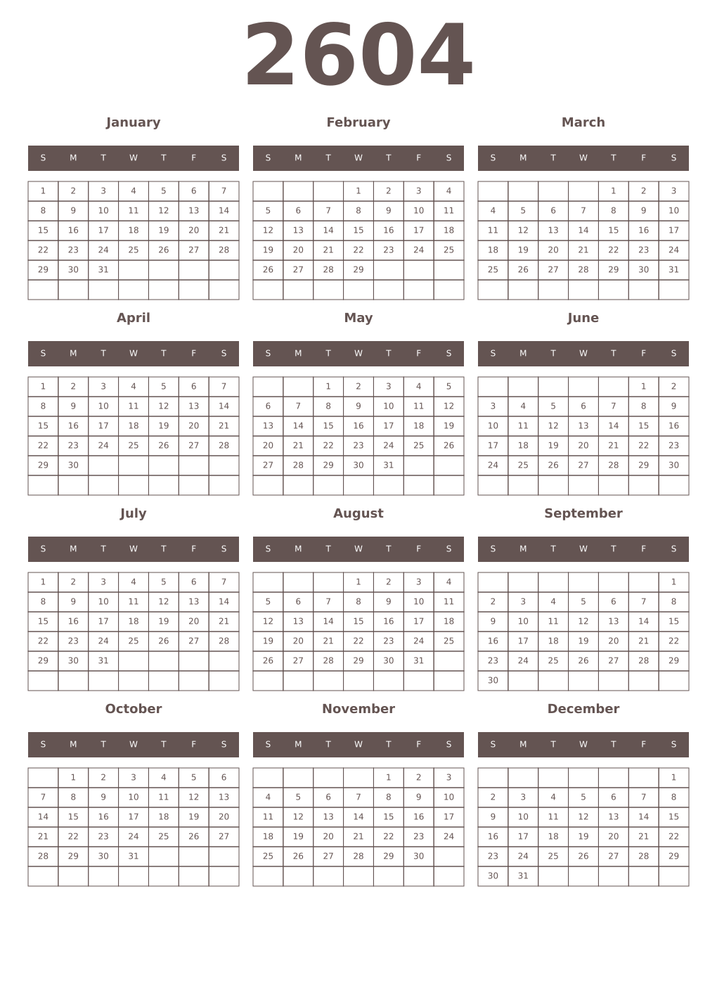 Printable 2604 Year Calendars wenge