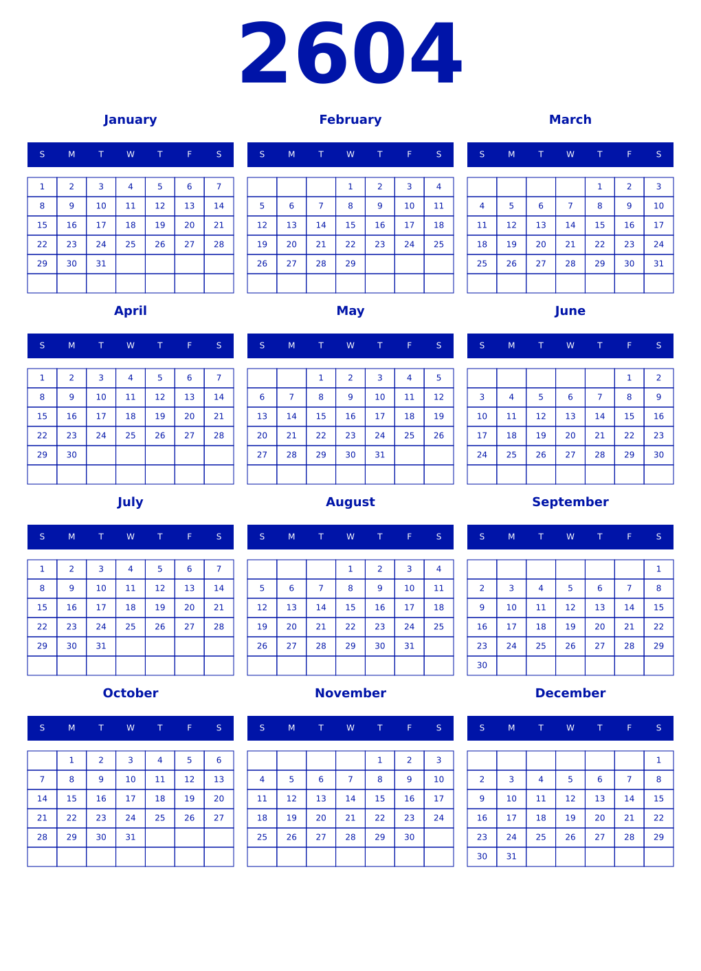 Printable 2604 Year Calendars zaffre
