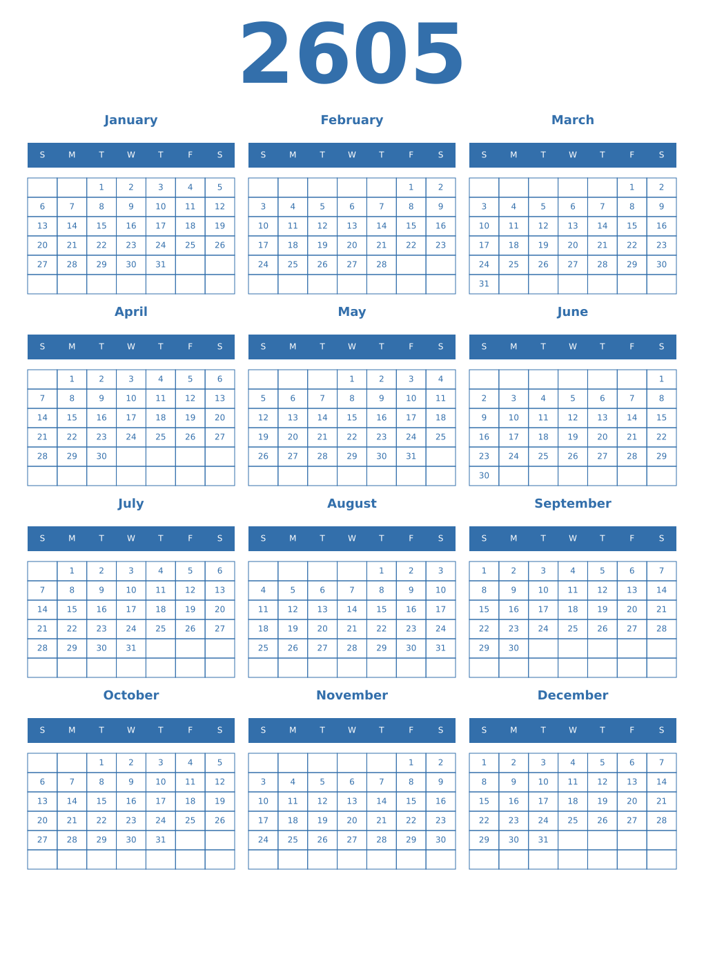 Printable 2605 Year Calendars blue