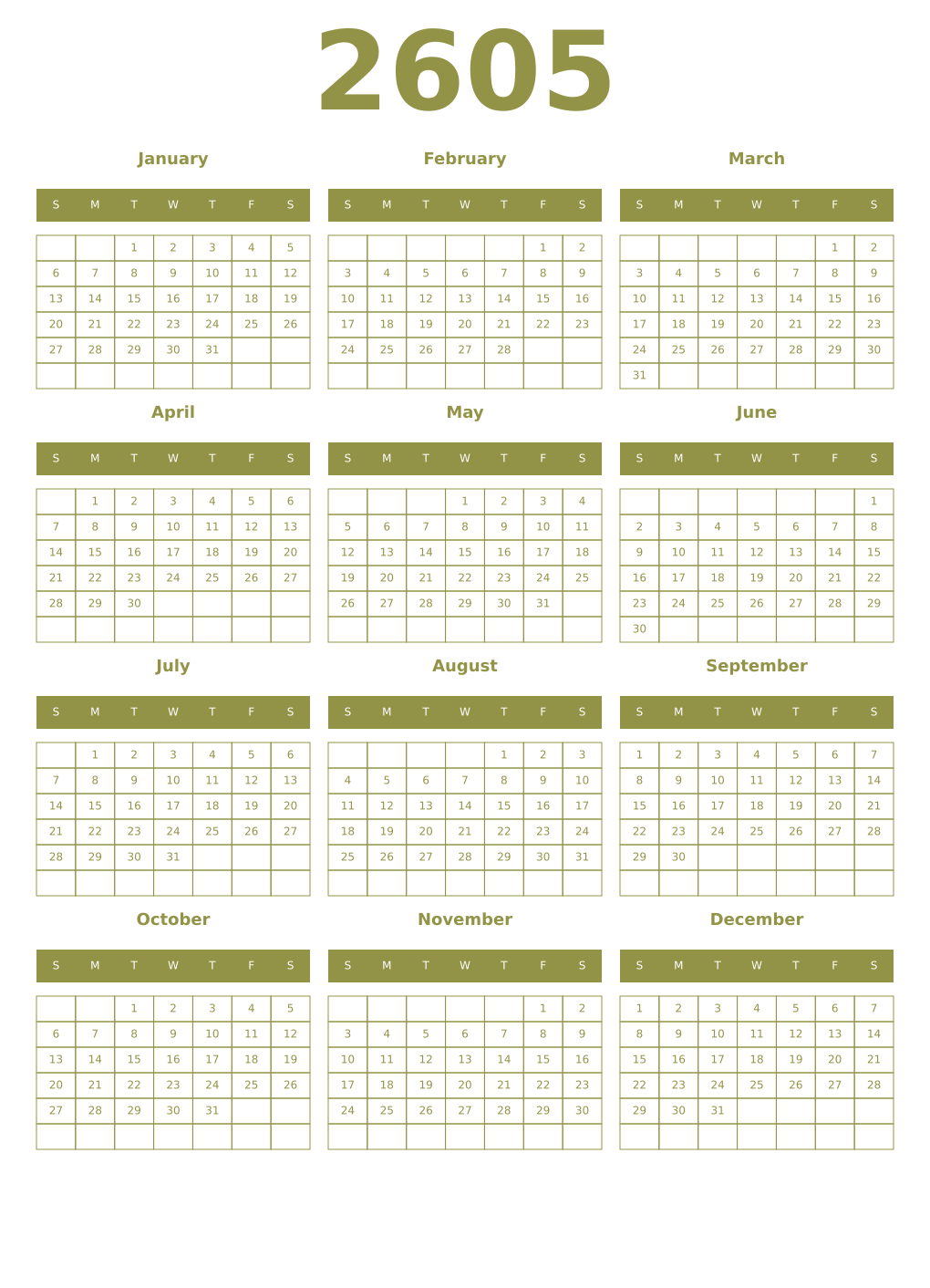 Printable 2605 Year Calendars eburnean