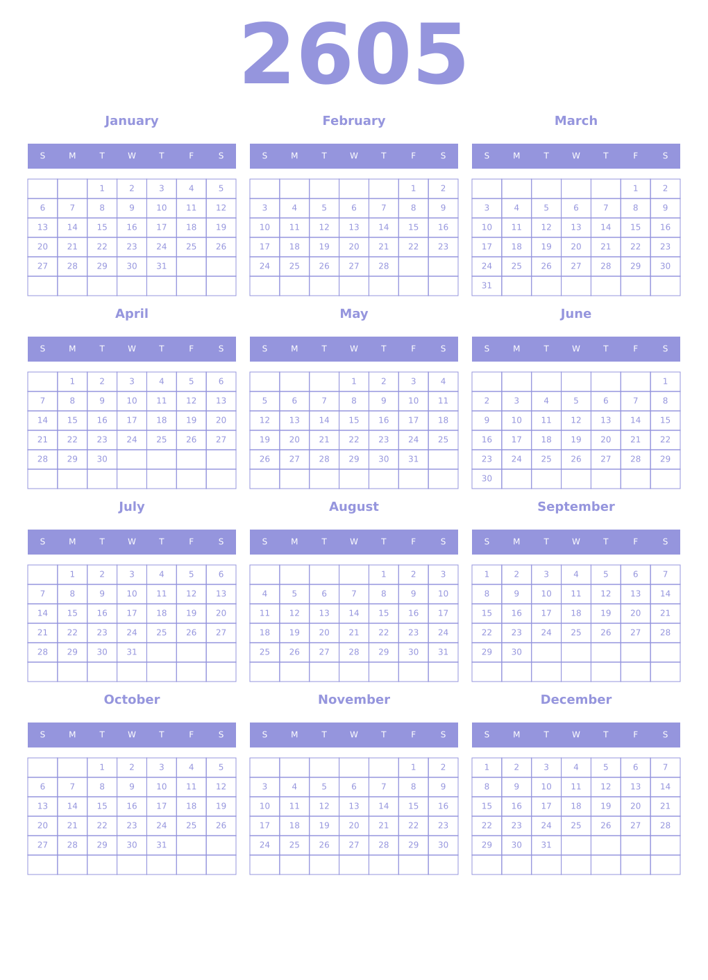 Printable 2605 Year Calendars periwinkle