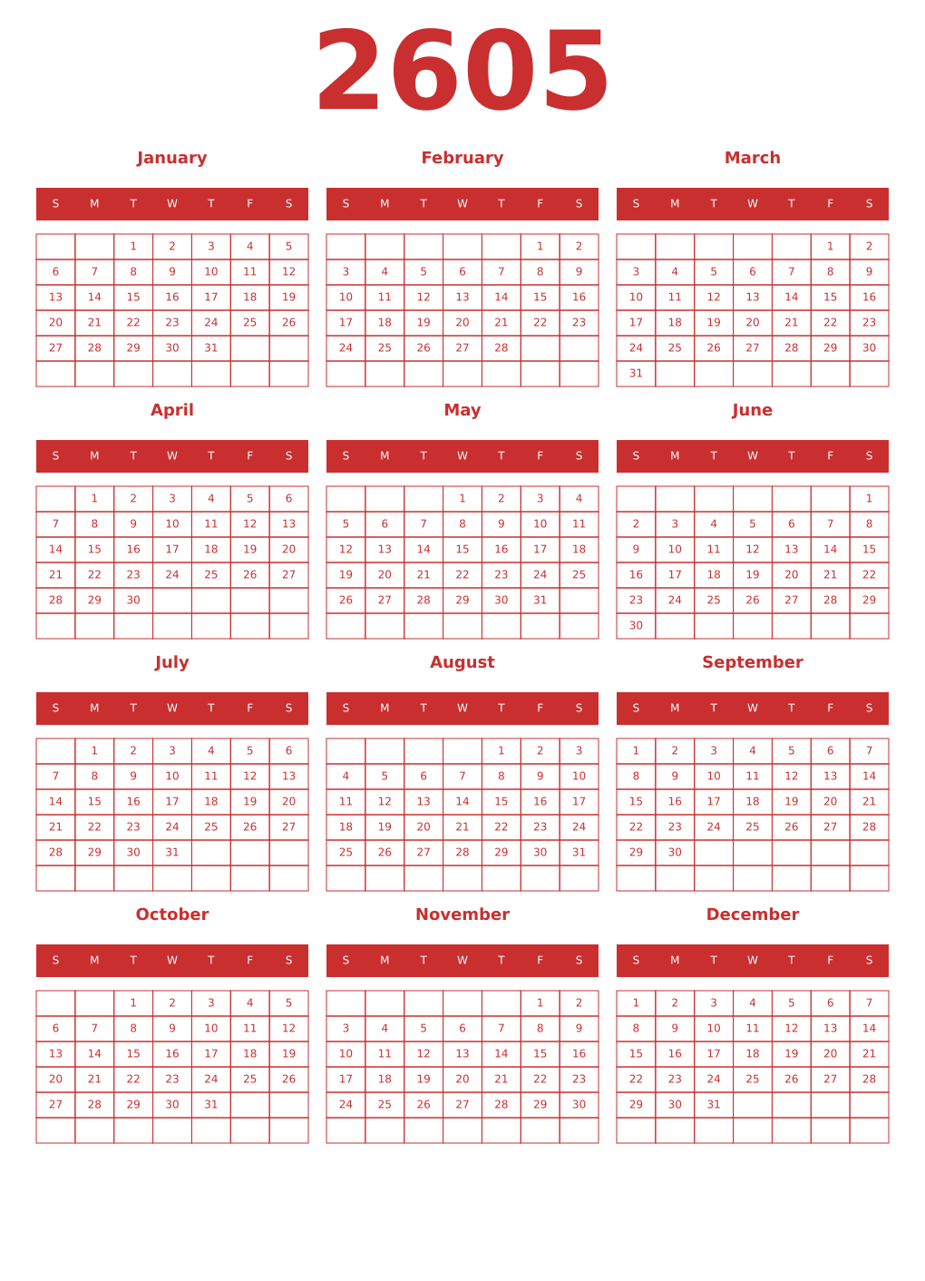 Printable 2605 Year Calendars red