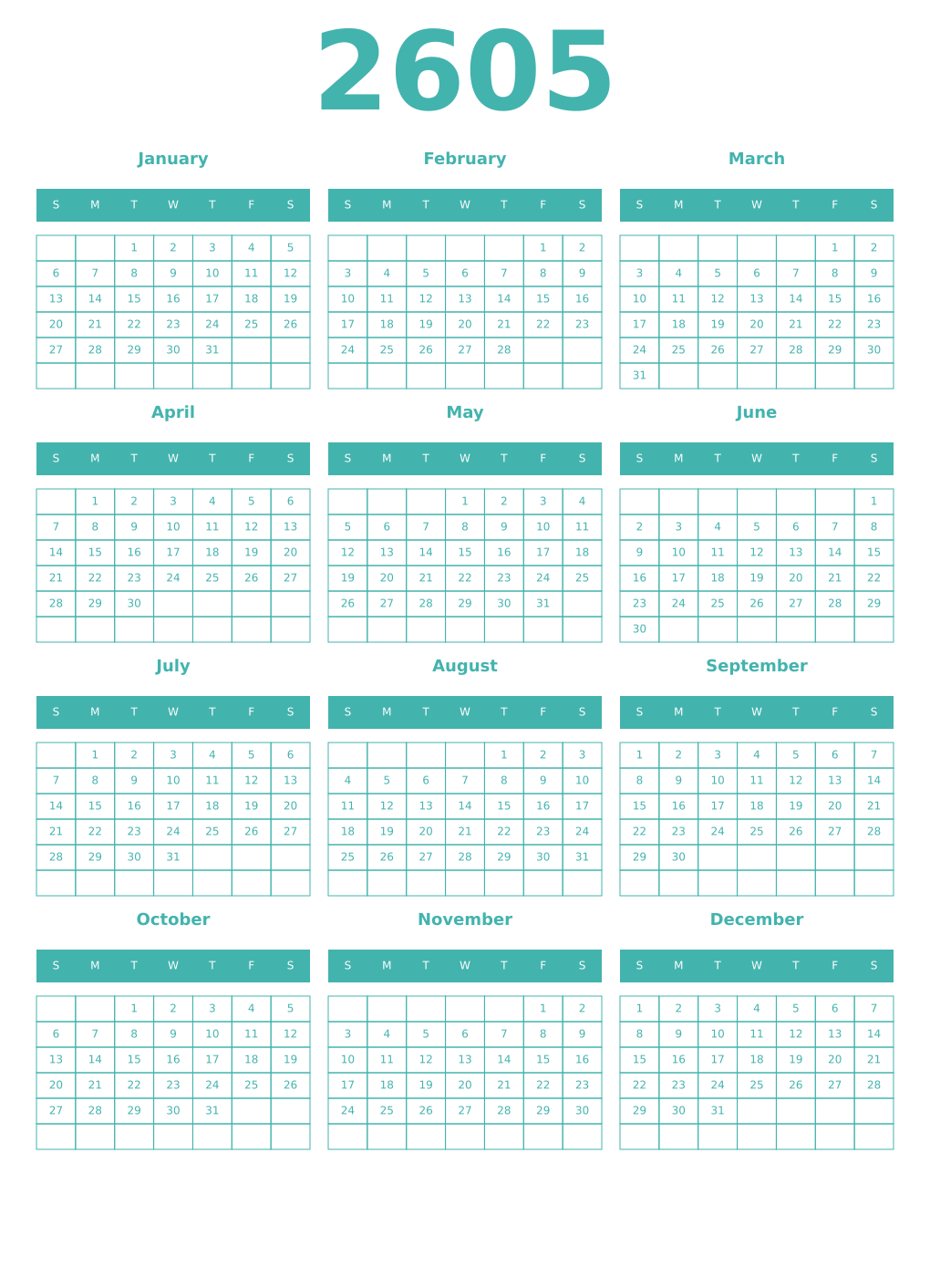 Printable 2605 Year Calendars verdigris