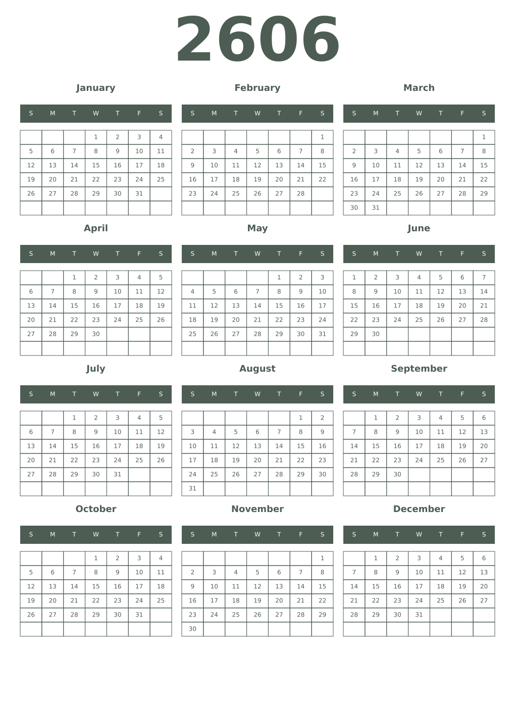 Printable 2606 Year Calendars feldgrau