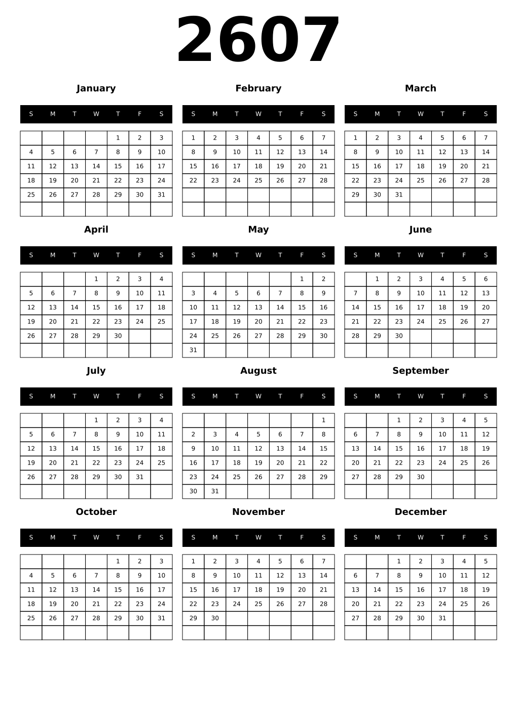 Printable 2607 Calendars