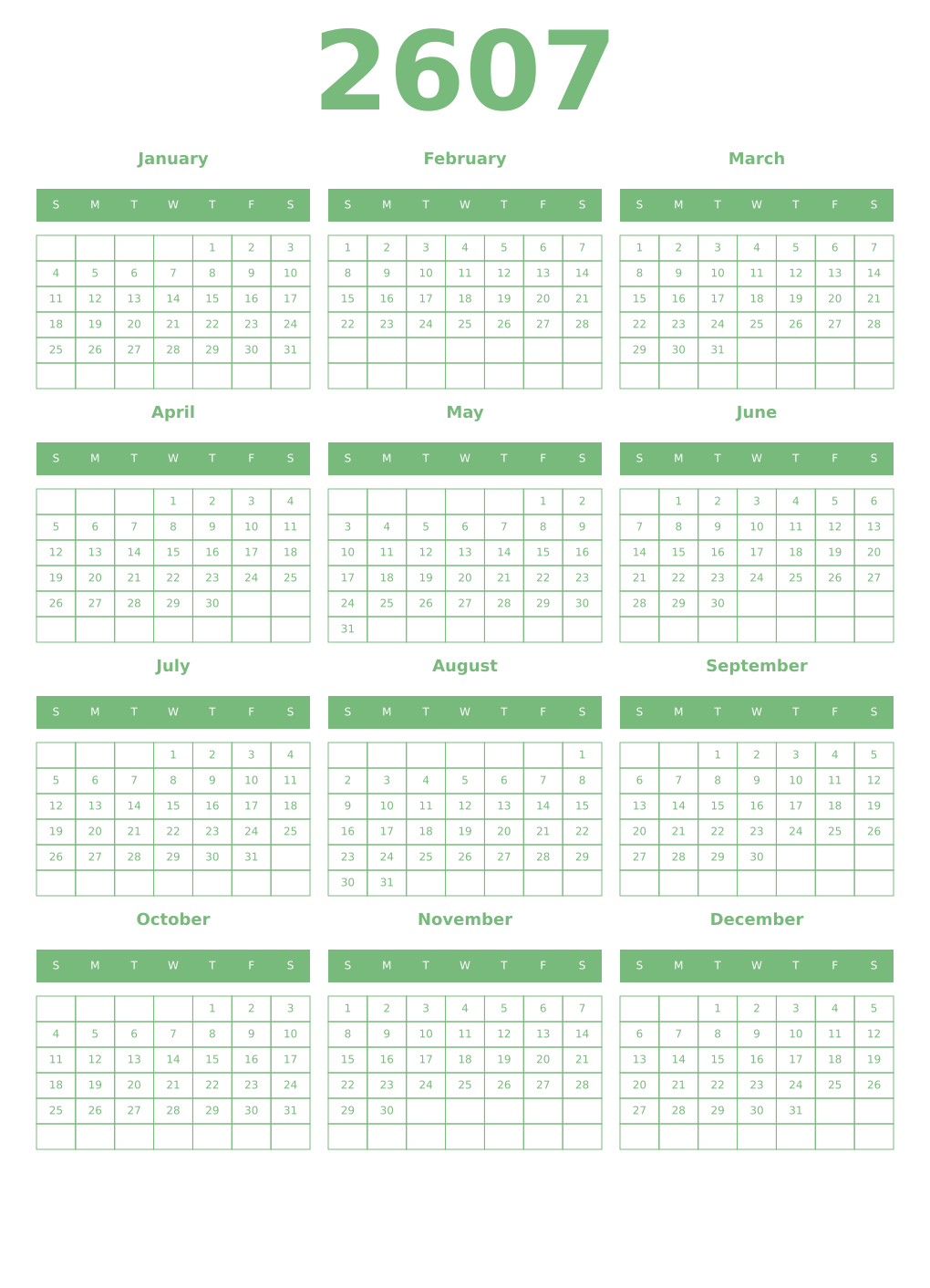 Printable 2607 Year Calendars celadon