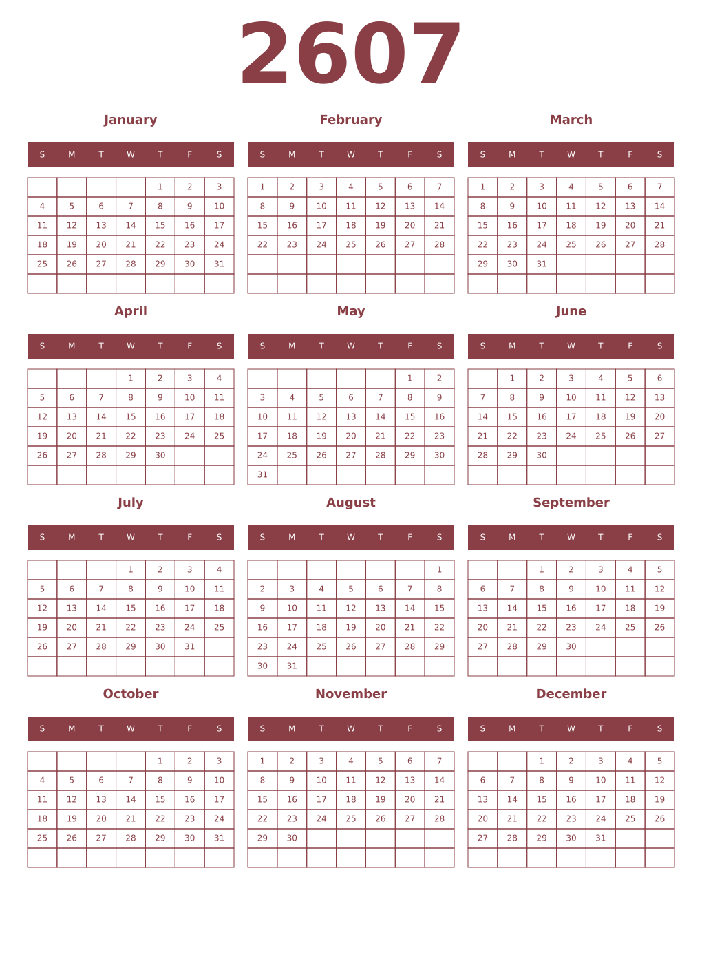 Printable 2607 Year Calendars cordovan