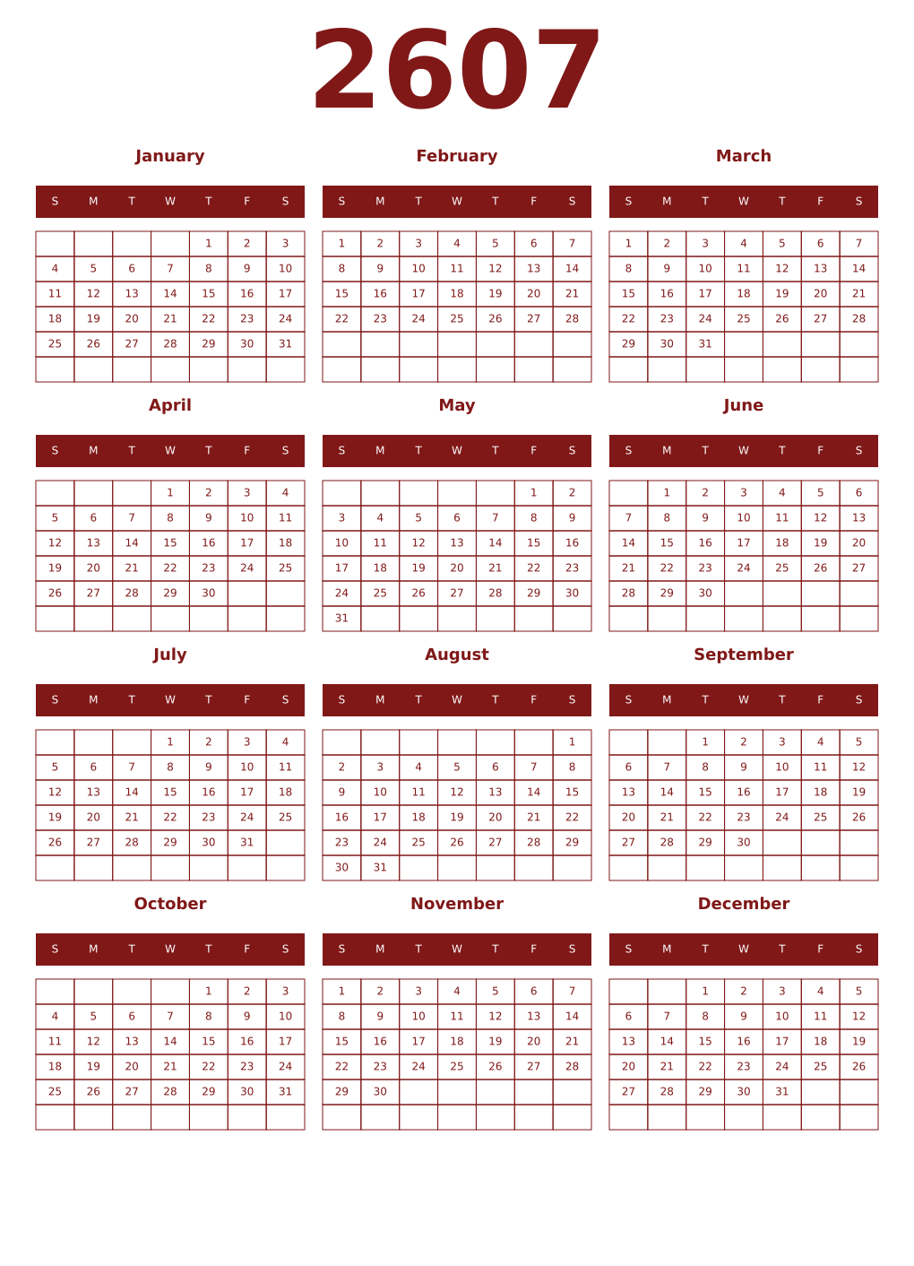 Printable 2607 Year Calendars falu