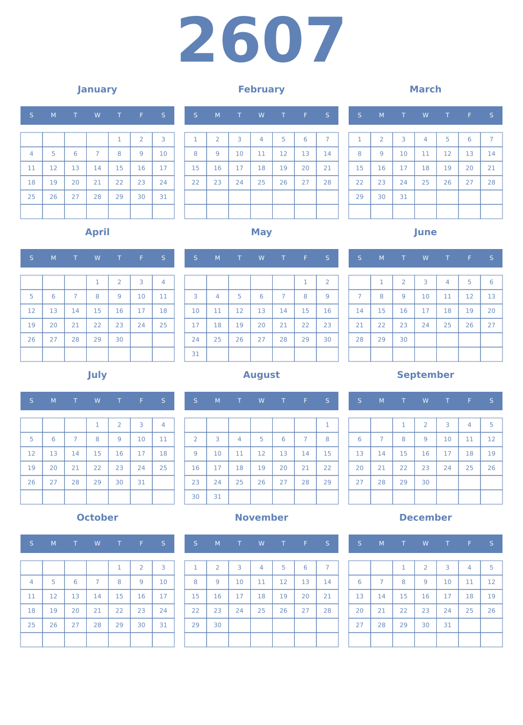 Printable 2607 Year Calendars glaucous