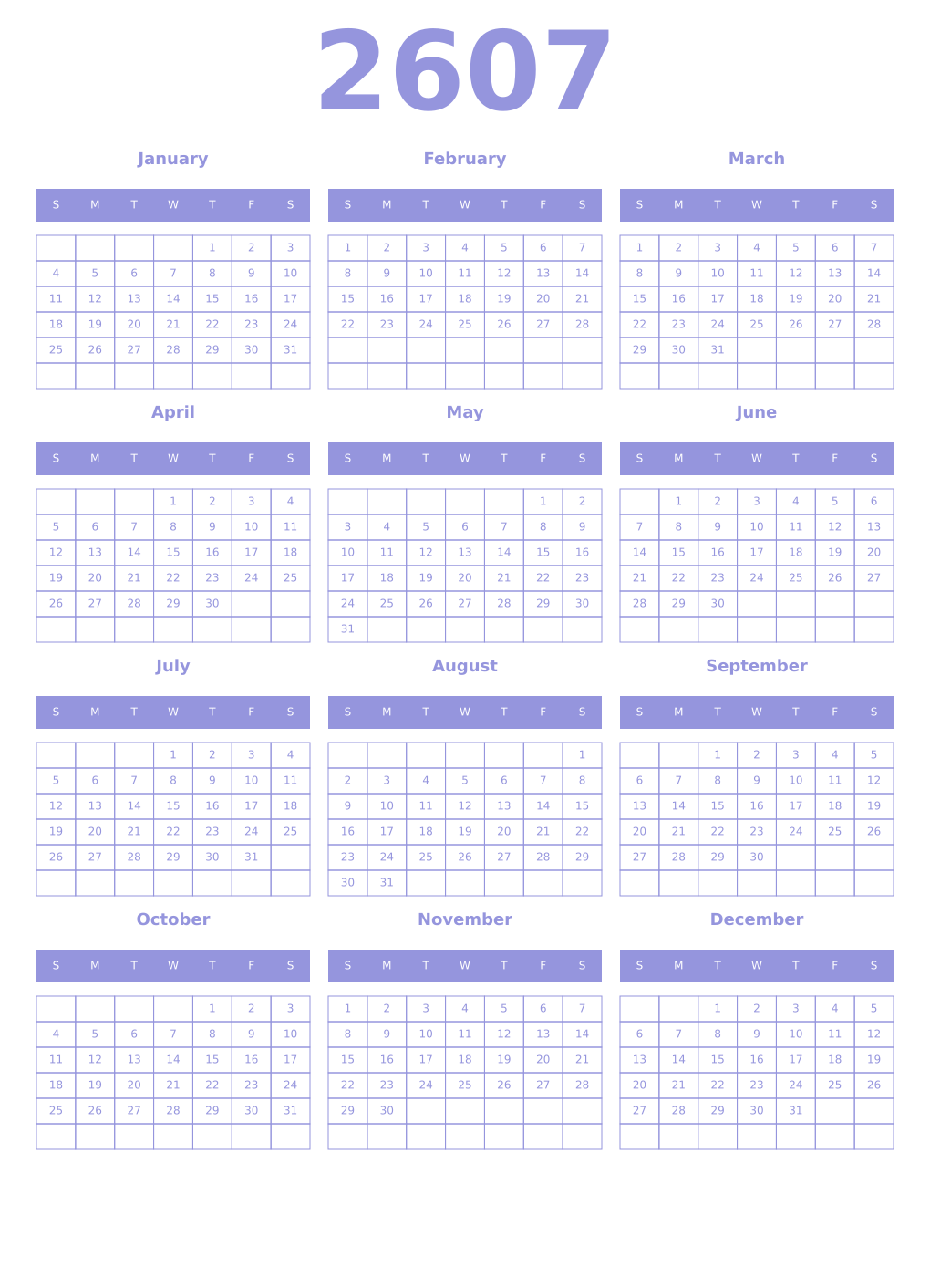 Printable 2607 Year Calendars periwinkle