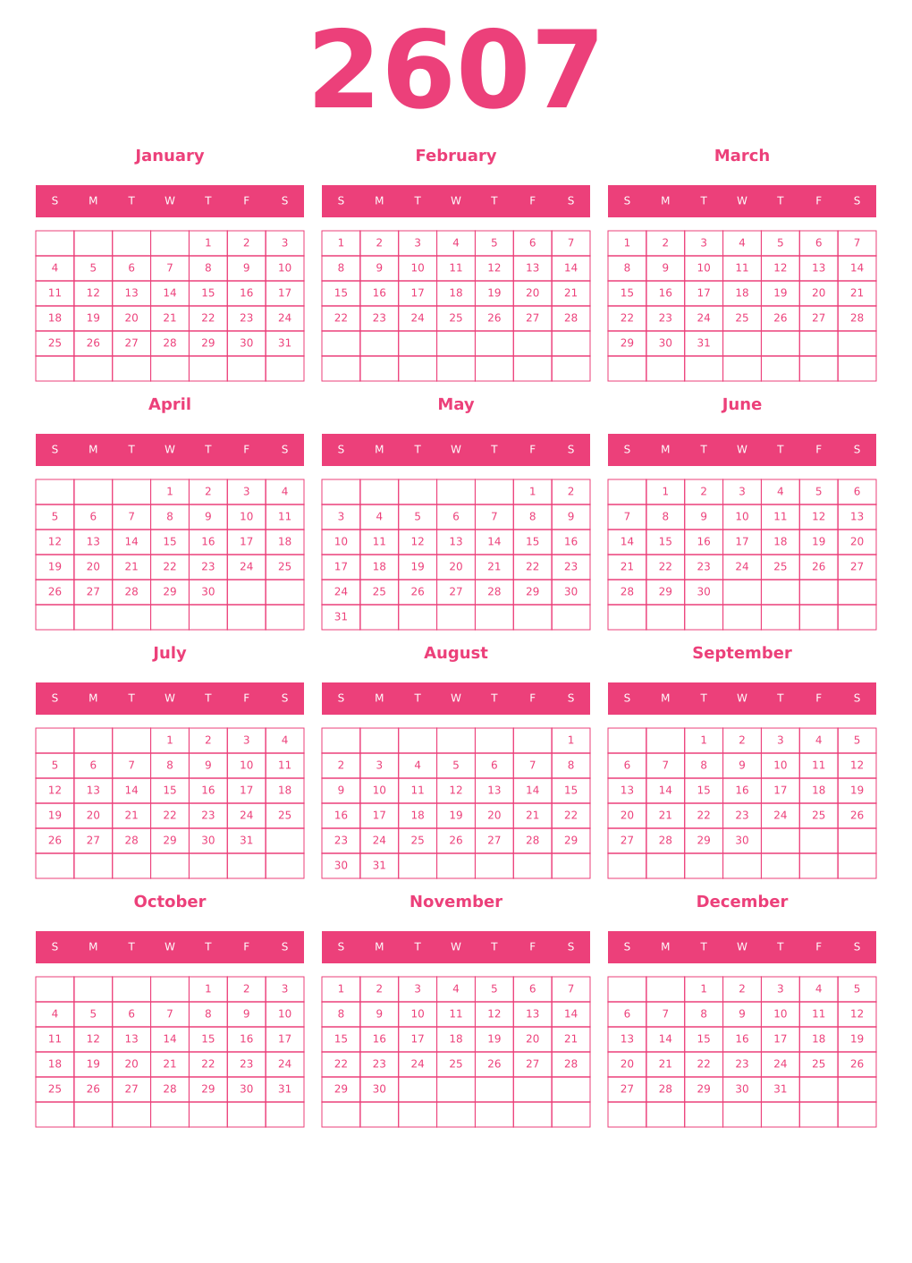 Printable 2607 Year Calendars pink