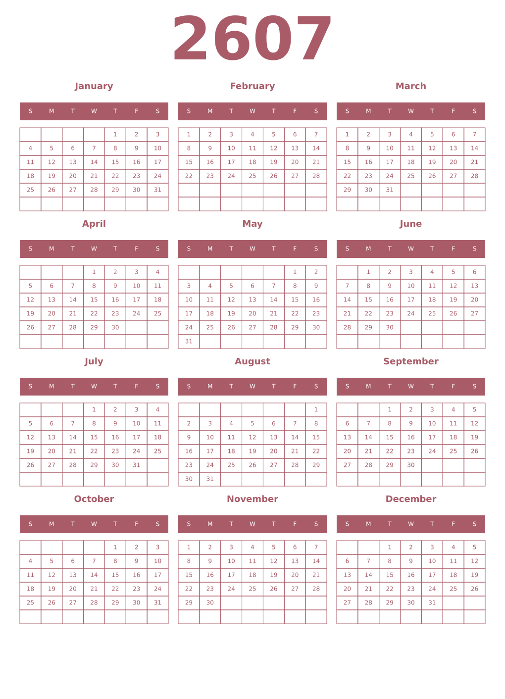Printable 2607 Year Calendars puce
