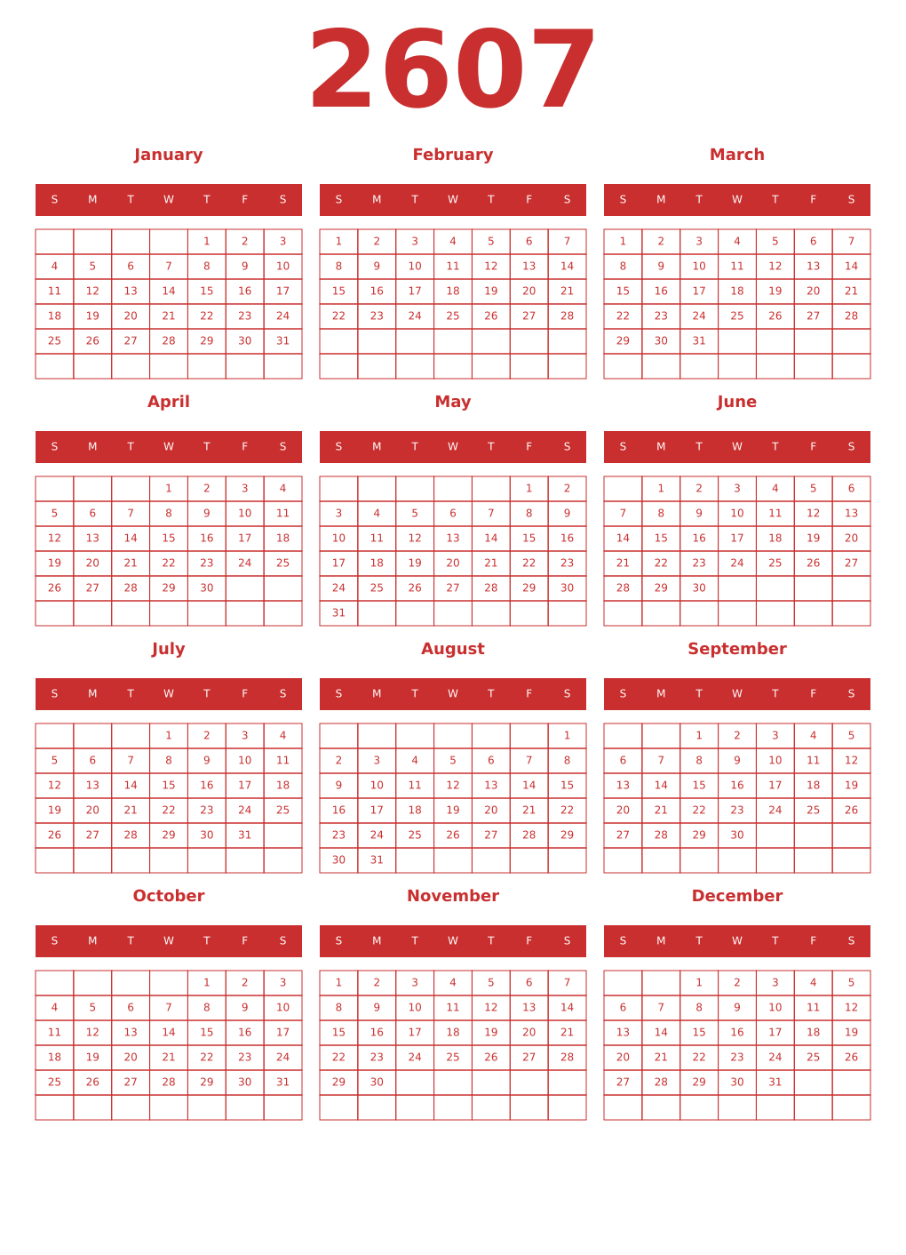 Printable 2607 Year Calendars red