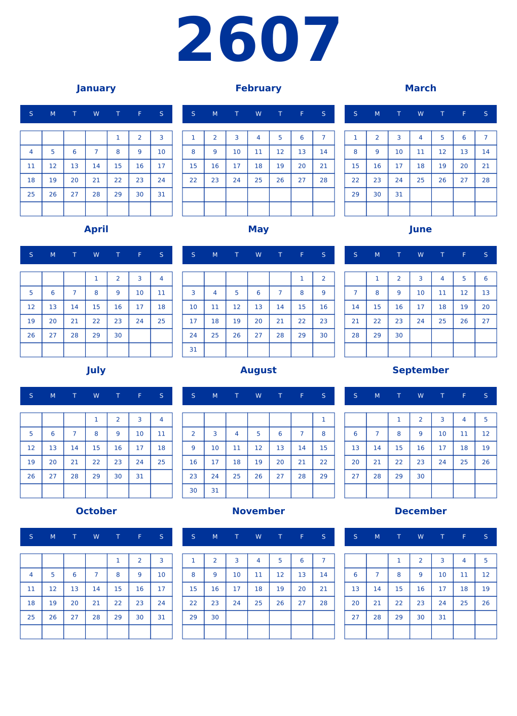 Printable 2607 Year Calendars smalt