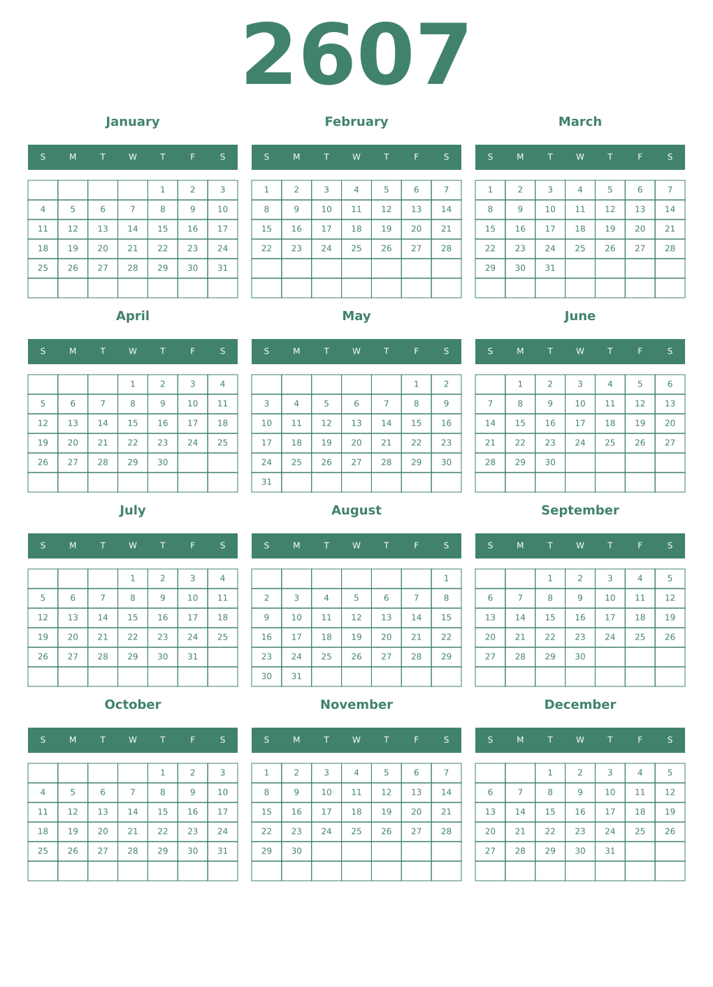 Printable 2607 Year Calendars viridian