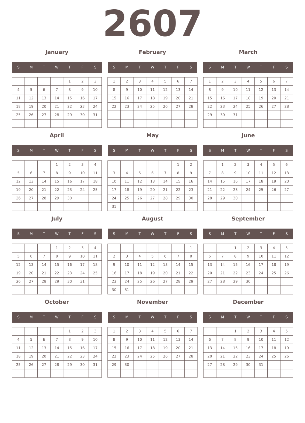 Printable 2607 Year Calendars wenge